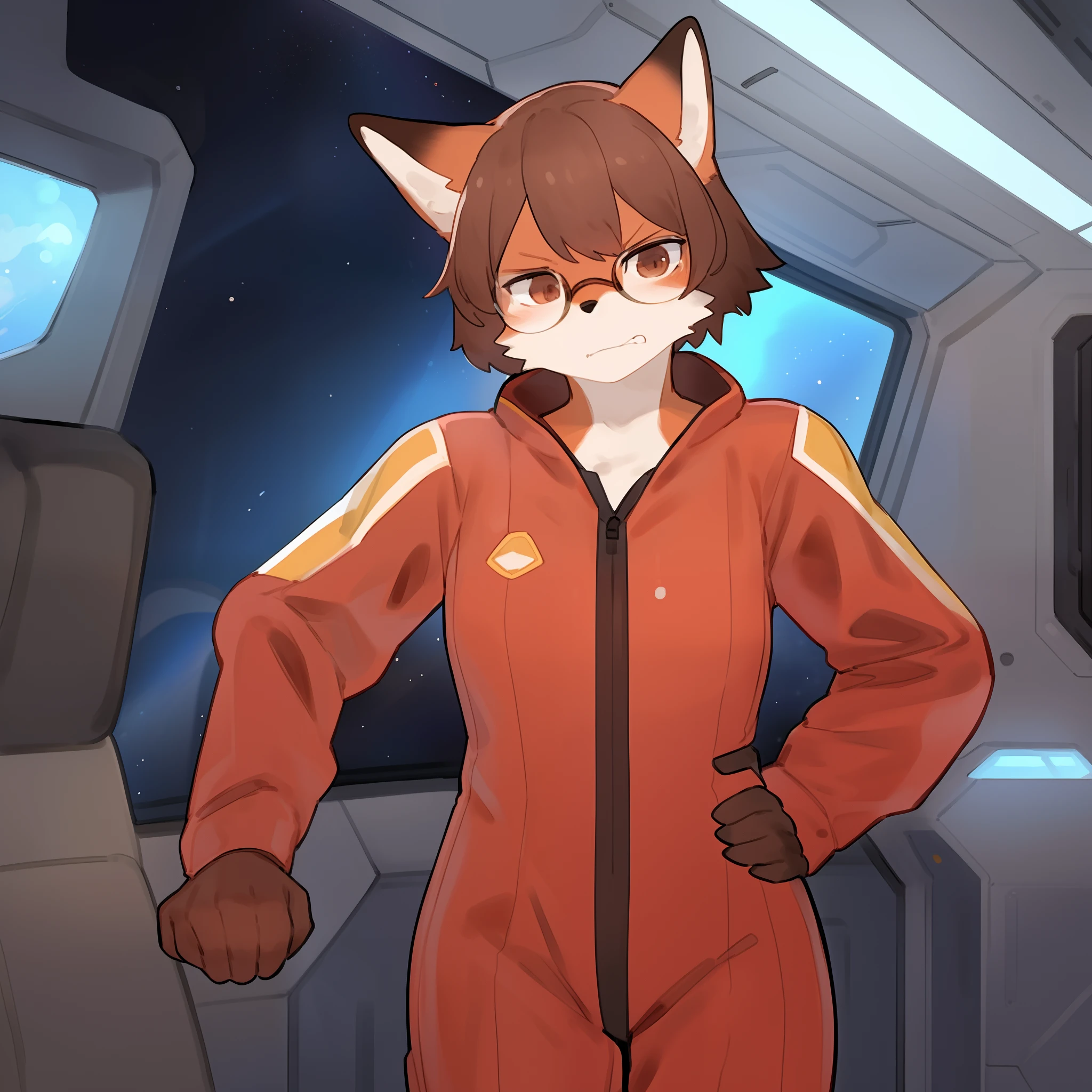 standing alone, red fox, (((brown fur, brown body, no pattern, no pattern de pele, unsmooth skin))), eyes browns, chestnut hair, hair to the shoulders, worried expression, ((muzzle, long muzzle)), red military jumpsuit, red military spacesuit, space, spaceship, window, Athletic, standing, ray gun, By bebebebebe, (((by Buta99))), detailedeyes, detailed hands, female, side view of a nice round butt