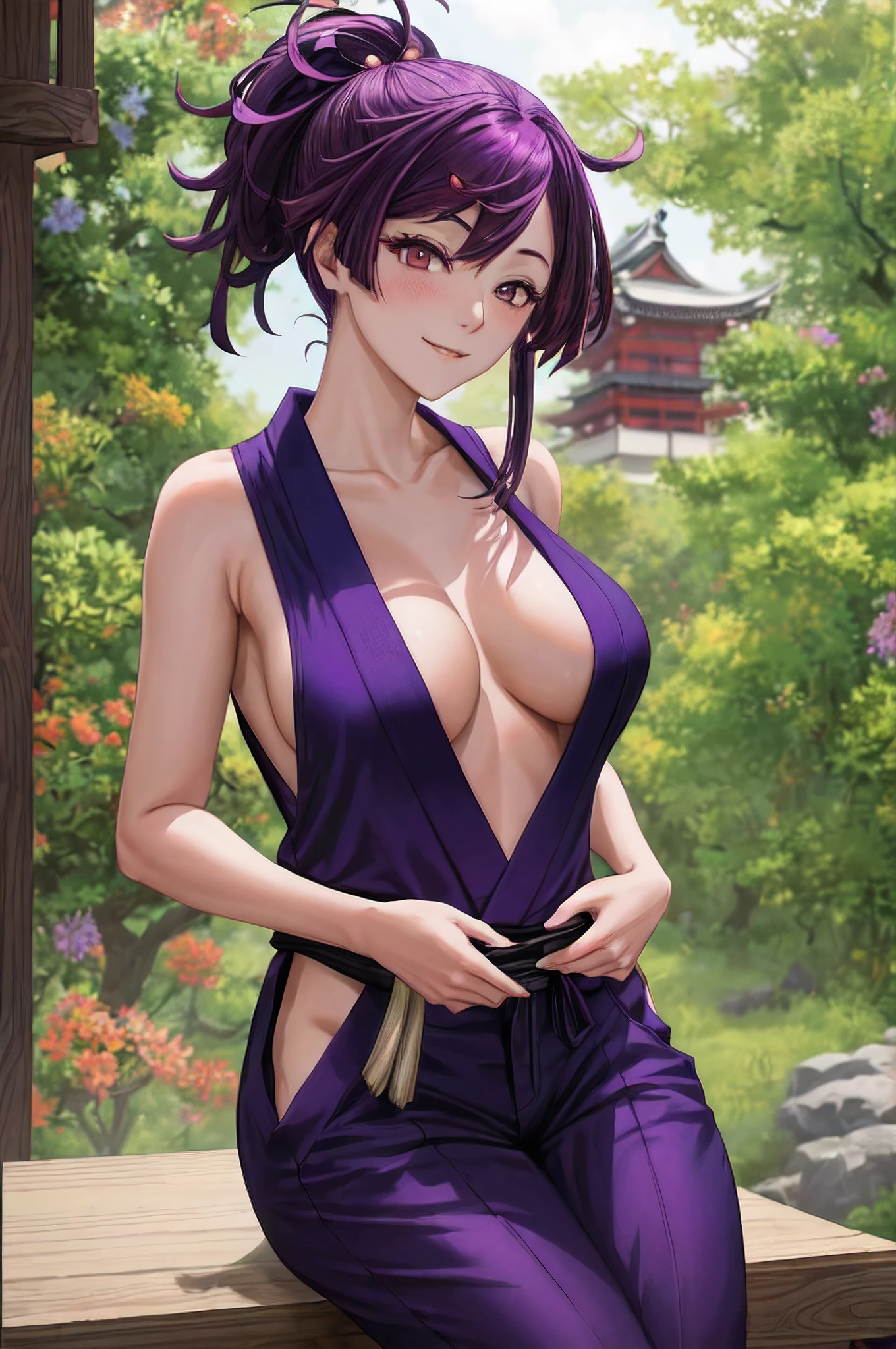 (masterpiece, highres:1.3), Yuzuriha from "Jigokuraku," (1 woman:1.5), (leaning over:1.4), (purple hair:1.2), (detailed brown eyes:1.4), (ninja attire:1.1), (revealing clothes, alluring cleavage:1.2), (moderate breasts, spaced apart:1.2), (elegant topknot, medium-length hair:1.1), (provocative smile:1.2), (pants, in the process of undressing:1.2), (subtle blush:1.1), (perfectly crafted hands:1.3), Japanese setting, with a temple in the background, meticulous details, (enticing ambiance:1.1).