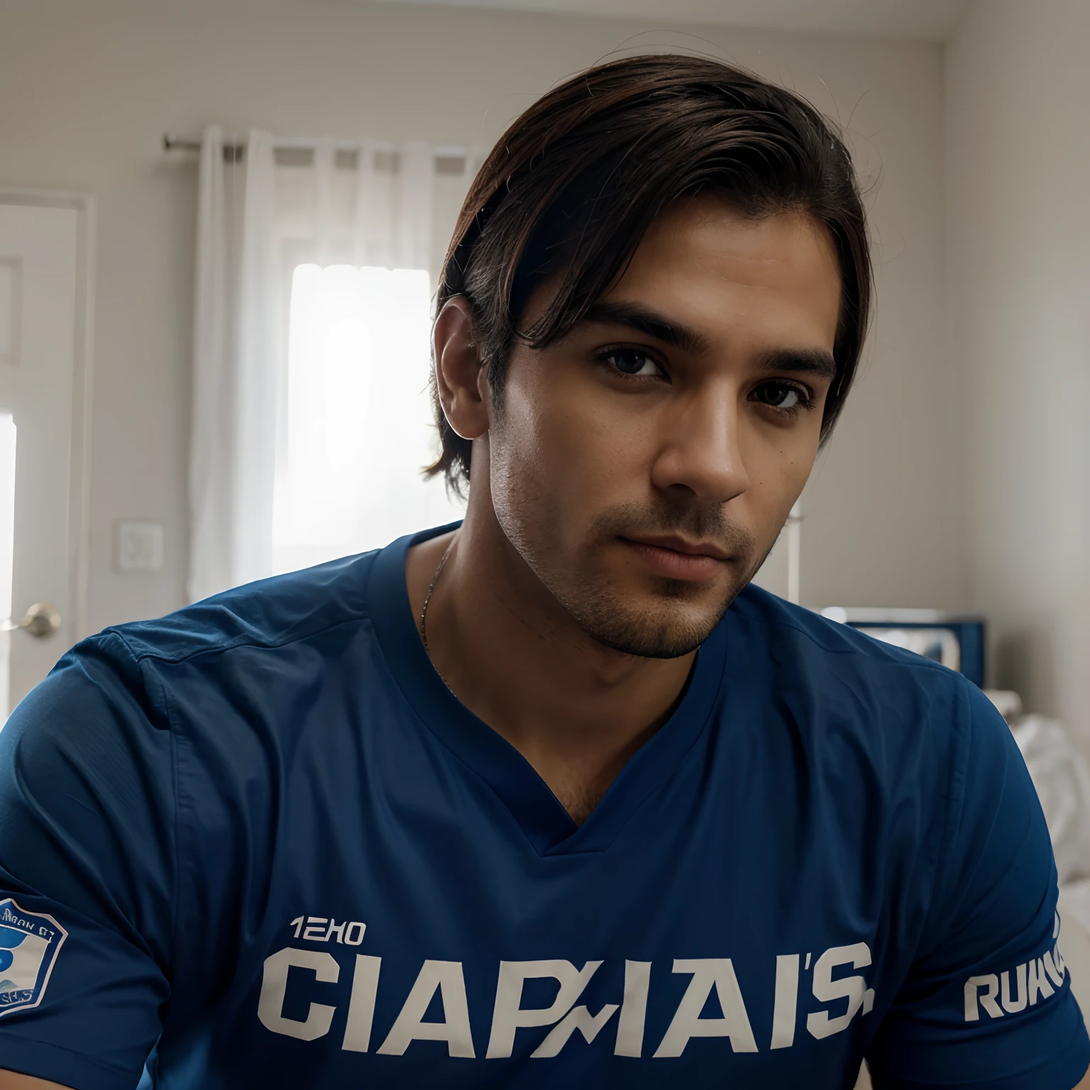 "Please, crie uma imagem realista de um homem brasileiro bonito de aproximadamente 35 anos de idade usando a camisa do Cruzeiro. Make sure the image is authentic and looks natural. Man must have masculine facial features, a confident expression and to be wearing the Cruzeiro shirt properly positioned and fitted to your body. Lighting and colors should be realistic, e a imagem final deve ser de alta qualidade. Por favor, use suas habilidades no SEAART para criar essa imagem perfeita.”