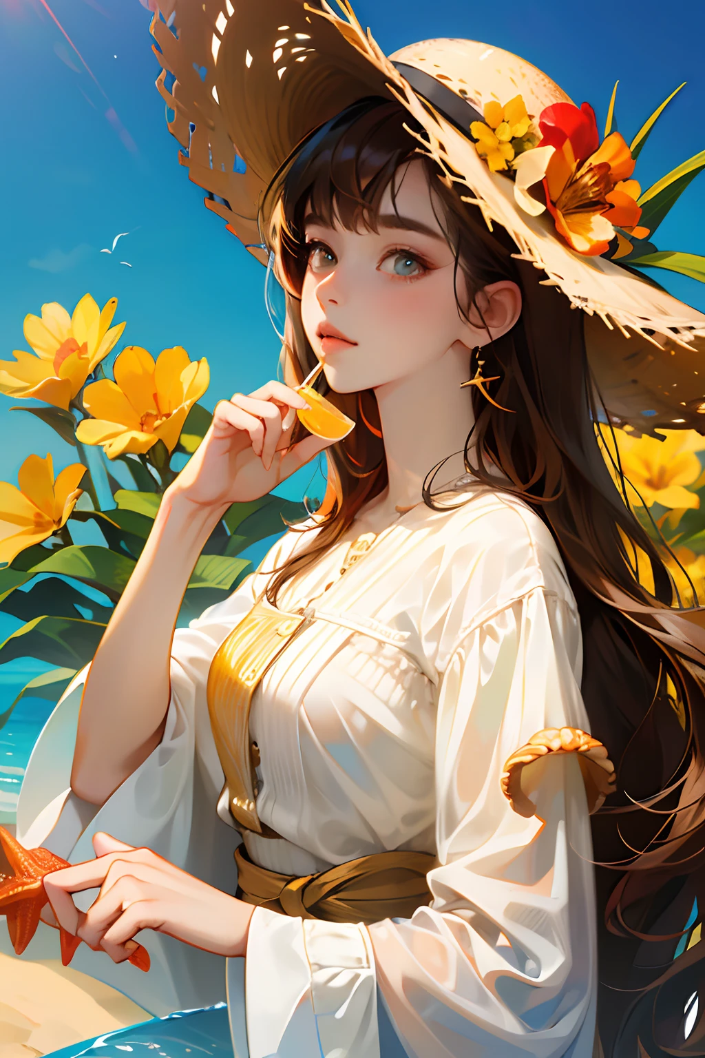 absurdres, highres, ultra detailed, 1girl, solo, extremely detailed eyes, starfish, seashell, shell, flower, hat, hair ornament, jewelry, straw hat, looking at viewer, sunglasses, hat flower, drinking straw, hairclip, earrings, red flower, tinted eyewear, yellow flower, bangs, english text, multicolored hair, orange flower, black hair, ring, cup, long hair, orange-tinted eyewear, food, brown hair, portrait, shell hair ornament