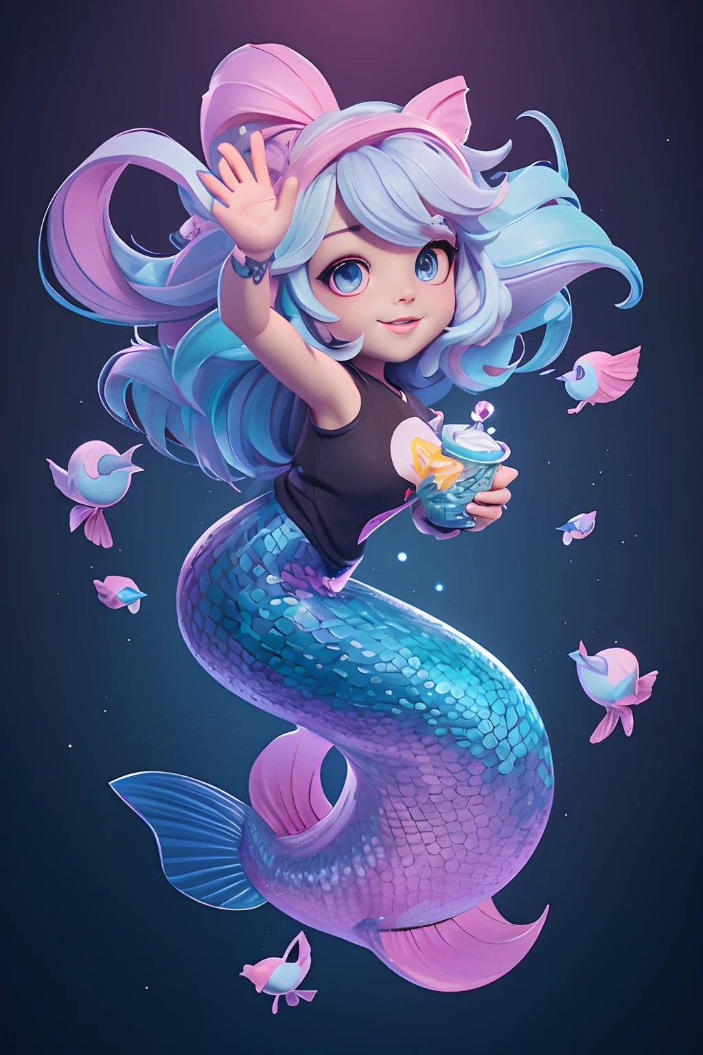 A detailed photorealistic cute, full body Mermaid, small with large eyes, magic, on a white background, Fantasy style, realistic full body, dark colour , magic splash, bright, gothic, t-shirt design, in the style of Studio Ghibli, pastel tetradic colours, 3D vector art, cute and quirky, fantasy art, watercolour effect, bokeh, Adobe Illustrator, hand-drawn, digital painting, low-poly, soft lighting, bird's-eye view, isometric style, retro aesthetic, focused on the character, 4K resolution, photorealistic rendering, using Cinema 4D
