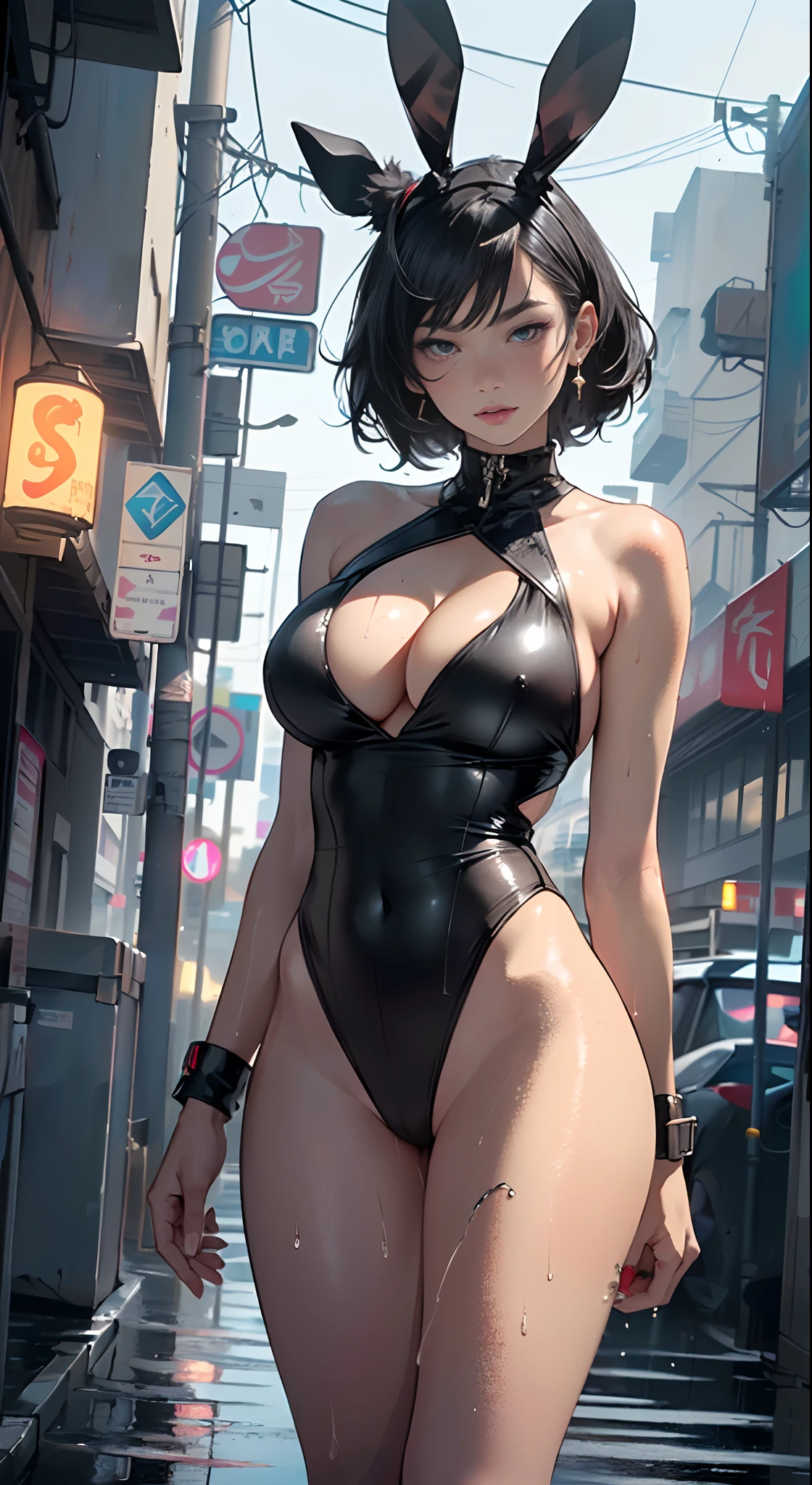 Cute bunny girl,(((1girll))),((Bunny girl has extremely cute and beautiful black hair)),(((Bunny Girl,Furry cute,bunnygirl,Bunny ears,bunny ears on her head,Big rabbit ears))),


(Large breasts:1.4),Saggy breasts,(((Black hair:1.35,Colored inner hair,Ear breathing,Short hair))),((Heterochromia:1.5,Eye 1 red,Eyes2 Orange,Perfect eyes,Upturned eyes:1.3,Beautiful detailed eyes,fine detailed beautiful eyes:1,big highlight on eyes:1.2,slanty eyes)),((Fat)),(((Glossy glossy skin:1.5,Bright Skin: 1.5,dark tanned skin,Shiny skin,very shiny skin,shining body,plastic glitter skin,exaggerated shiny skin,brightskin,Wet legs))),(spider lower abdomen,Narrow waist,Wide buttock,atheletic body,inflated legs,delicate detailed fingers,Detailed body,human hand,(Detailed face)),

Cute,slutty,Seductive,Erotic,(((NSFW))),

(((slingshot swimsuit))),(((Huge cleavage))),((Wet clothes,detailed outfits,Detailed clothes)),

(Dynamic pose:1.0),solofocus,Embarrassed,(Centered,scale to fit the dimensions,Rule of thirds),

((((Cyberpunk City by the sea,Neon signs,Puddles)))),Stormy sky,Threaten the sky,Dark clouds,((Synthetic wave background theme,Detailed background : 1.25)),((((Night,Nice lighting decoration,Detailed architecture)))),

(Best quality,high resolution,Sharp focus,Ultra detailed,Extremely detailed,extremely high quality artwork,(Realistic,Photorealistic:1.37),8K_the wallpaper,(extremely detailed CG 8k),(very fine 8K CG),((hyper super ultra detailed perfect piece)),Flawless,(((Masterpiece))),illustration,Vibrant colors,(Intricate),High contrast,Selective lighting,Doubleexposure,hdr (HighDynamicRange),Post-processing,Background blur,colours,(Intricate),High contrast,Selective lighting,Doubleexposure,hdr (HighDynamicRange),Post-processing,Background blur,