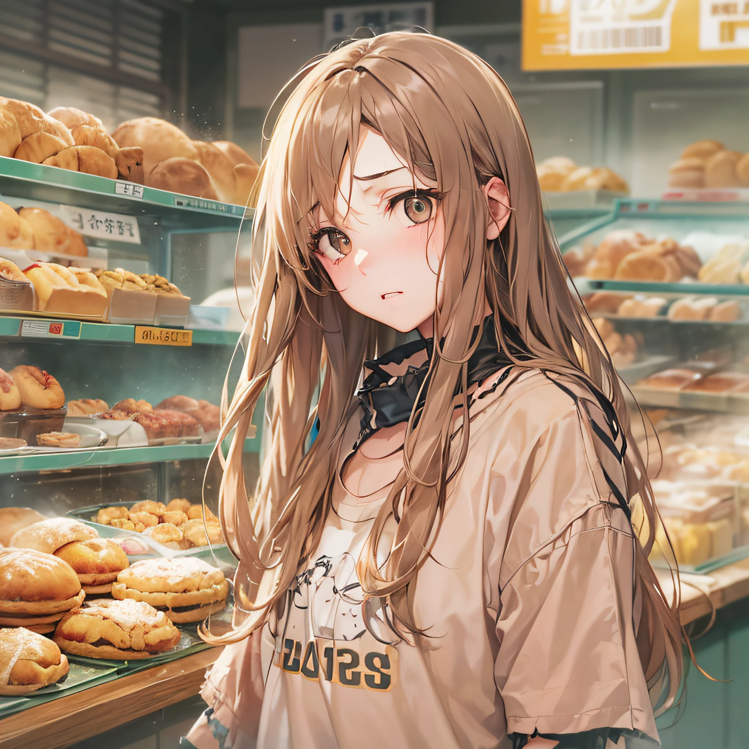 **masterpiece、top-quality、(brown colored long hair:1.1)、20-year-old yellow-eyed woman、japanese comic book、Large one-shoulder T-shirt in pink、Clothes are torn to tatters、being thin、(flat chest:1.1)、(Depressed and gloomy look:1.3)、(Staring:1.5)、(Close-up of the subject's face:1.3)、Bakery in the background、Bold composition、Upper body is shown、Alone、**