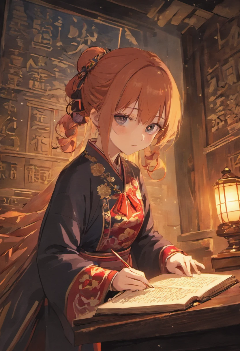 A photo of a beautiful girl in traditional Chinese dress looking at an ancient Chinese book under a lamp,On a quiet night,On a low table surrounded by an old wall in the garden,((She holds a pen in her right hand,Left hand on desk)),((Masterpiece)),Realistic,4K,Extremely detailed,((Beautiful big eyes))