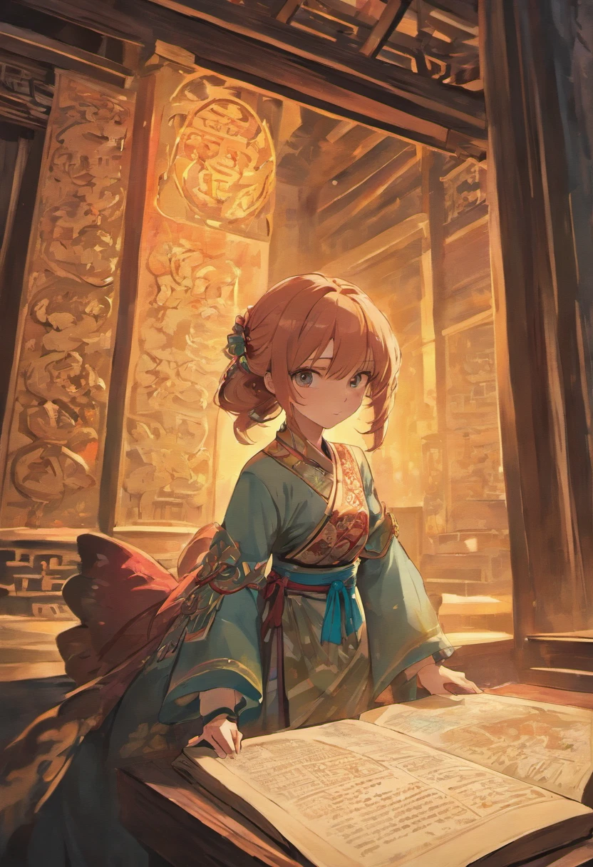A photo of a beautiful girl in traditional Chinese dress looking at an ancient Chinese book under a lamp,On a quiet night,On a low table surrounded by an old wall in the garden,((She holds a pen in her right hand,Left hand on desk)),((Masterpiece)),Realistic,4K,Extremely detailed,((Beautiful big eyes))