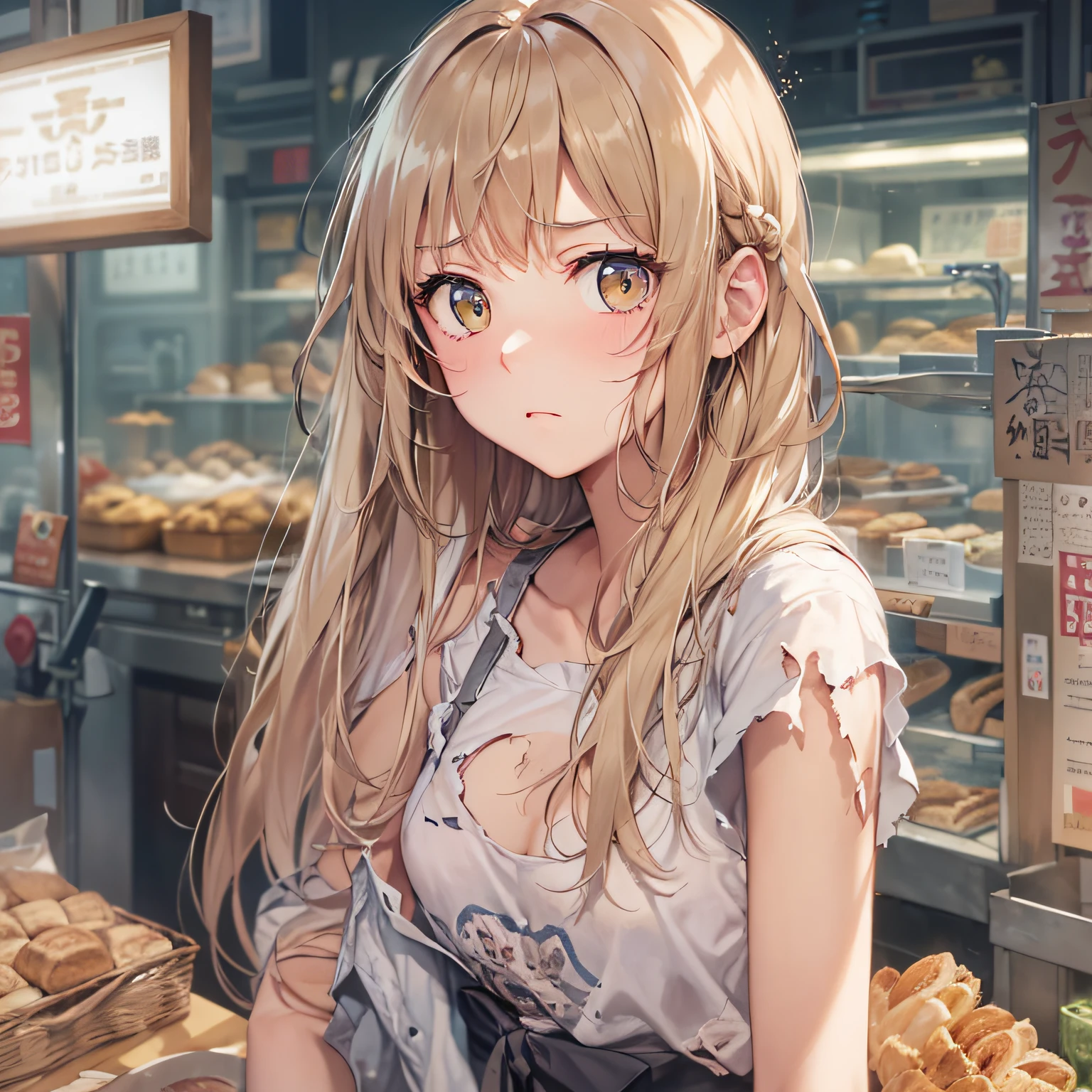 **​masterpiece、top-quality、(brown colored long hair:1.1)、20-year-old yellow-eyed woman、japanese comic book、Large one-shoulder T-shirt in pink、Clothes are torn to tatters、being thin、(flat chest:1.1)、(Depressed and gloomy look:1.3)、(Staring:1.5)、(Close-up of the subject's face:1.3)、Bakery in the background、Bold composition、Upper body is shown、Alone、**