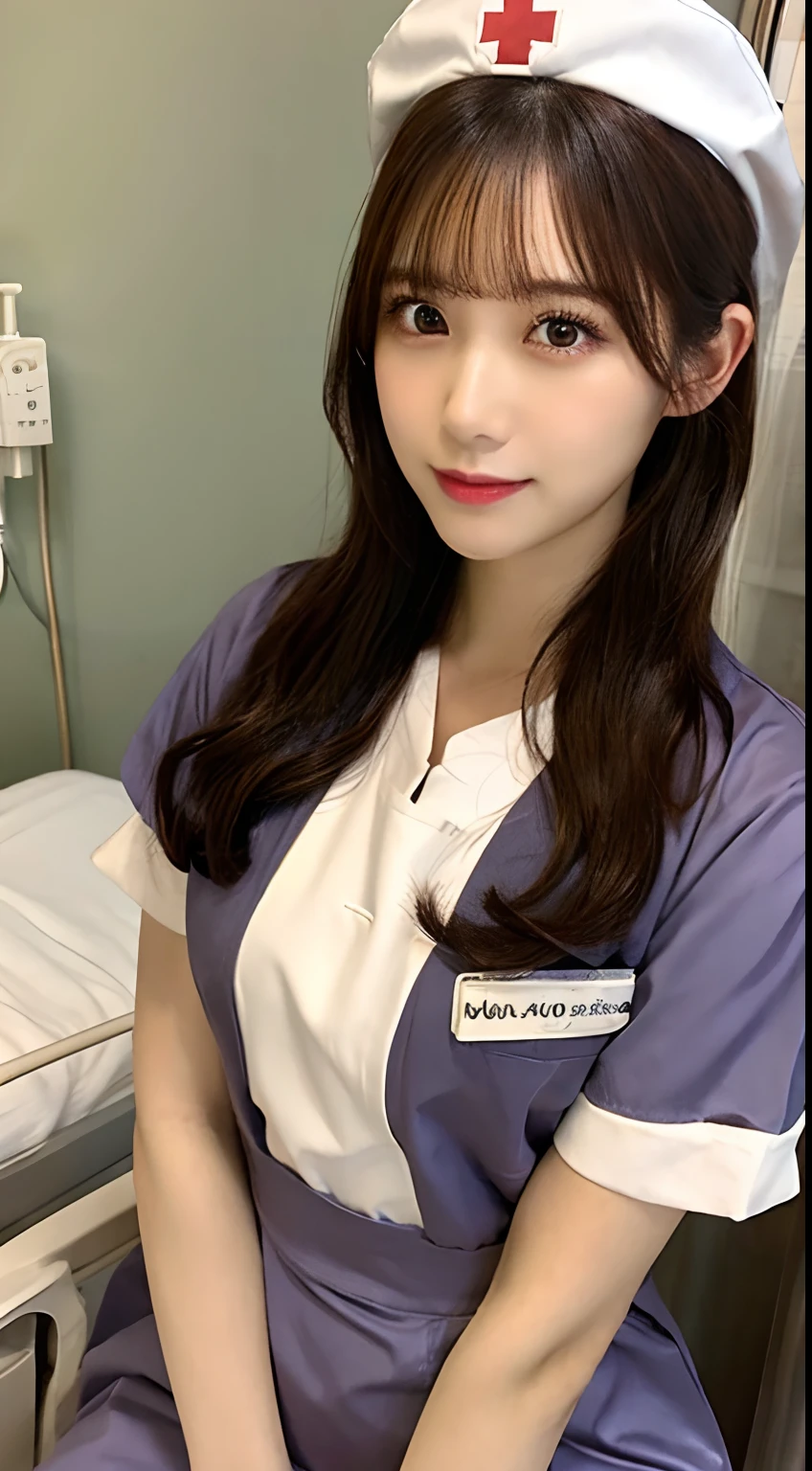 photo of a sexy beautiful jpn-woman, nurse, beautiful jpn-gyaru, brown hair up, cowboy shot, beautiful sensuous eyes, perfect face, hyper realistic, hyper detail, onepiece uniform, white nurse cap, in hospital