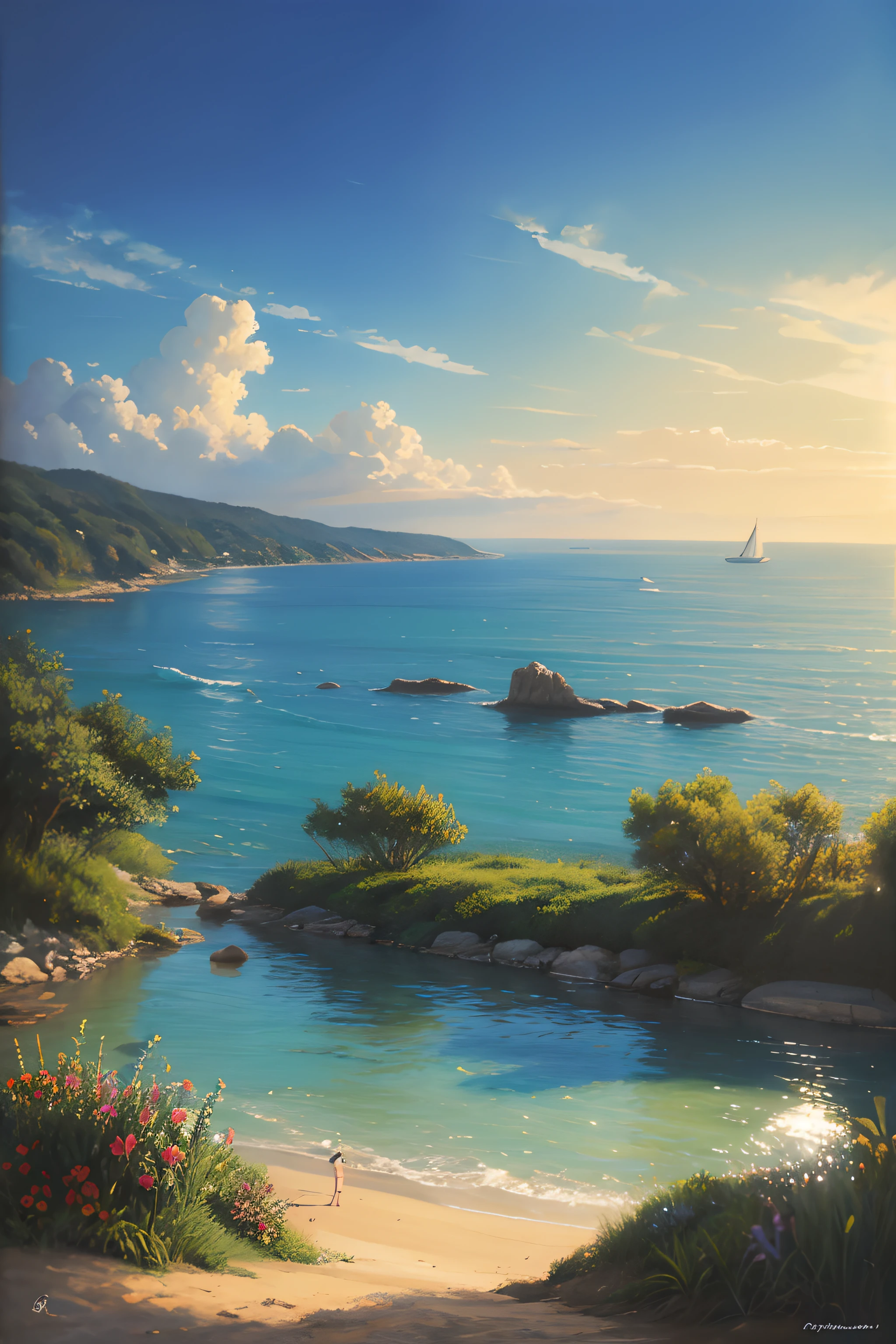 in a panoramic view，outside，in  the water，god light，OilPaintStyle，cartoonish style