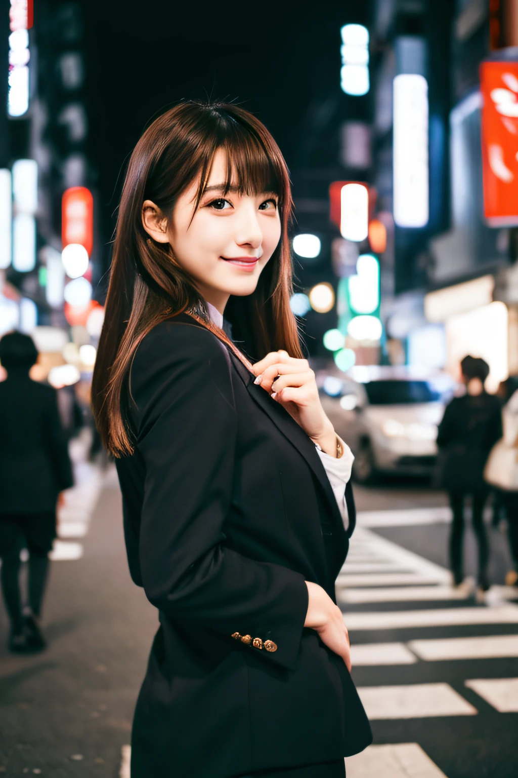 japanes,20yr old,in 8K,Colossal tits,Person in a suit,Looking at the camera,Kamimei,being thin、perfect anatomia、perfect hand、Perfect fingers、Hiding your hands behind your back、perfect eyes、full body Esbian、Brown Hair Medium Hair、A smile、Standing on a street corner in Tokyo at night、autumnal