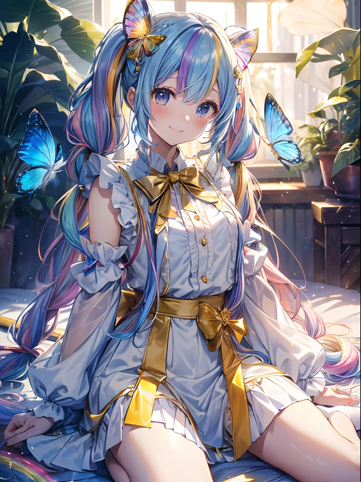 Golden light、rainbows、Heaven、angelicales (rainbow hair:1.4),((Long twintails,Ribbon 1.4)),(Blue butterfly hair ornament),、Deities、Luz Divina(masutepiece:1.3), (8K, Photorealistic, Raw photo, Best Quality: 1.4), angelicales, Intricate details,Golden ratio, Blue butterfly、Skysky、huge smile