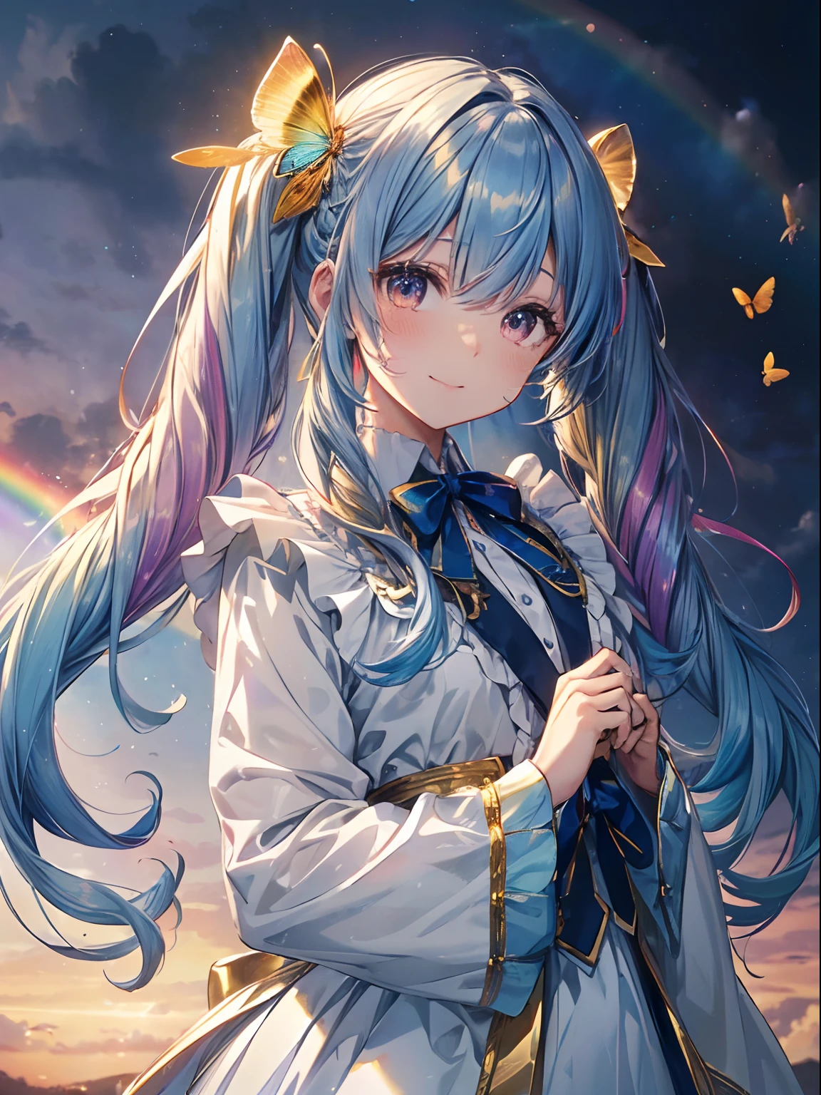 Golden light、rainbows、Heaven、angelicales (rainbow hair:1.4),((Long twintails,Ribbon 1.4)),(Blue butterfly hair ornament),、Deities、Luz Divina(masutepiece:1.3), (8K, Photorealistic, Raw photo, Best Quality: 1.4), angelicales, Intricate details,Golden ratio, Blue butterfly、Skysky、huge smile
