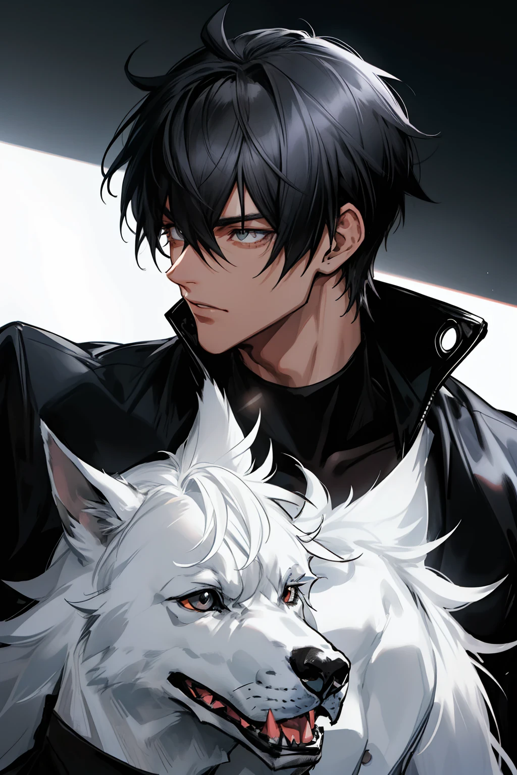 Male one，matured male，Black turtleneck，Long body,Spiked hair with long bangs black hair，quality, Lashes long， Beauty Blueface, Back lighting， bokeh dof，Take a big white dog and a black dog