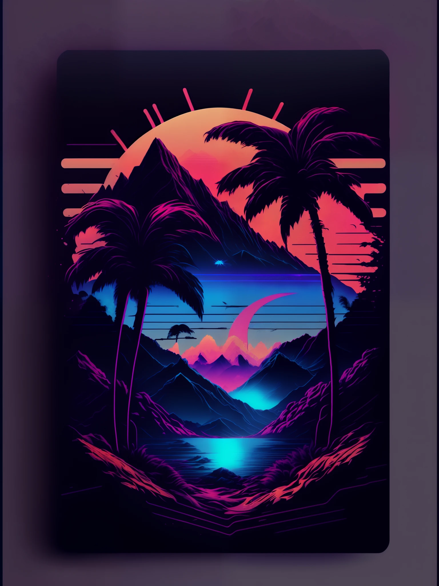 mountains, palm trees and sun, vectorized, synthwave, purple blue red orange, bright neon colors on a dark background,