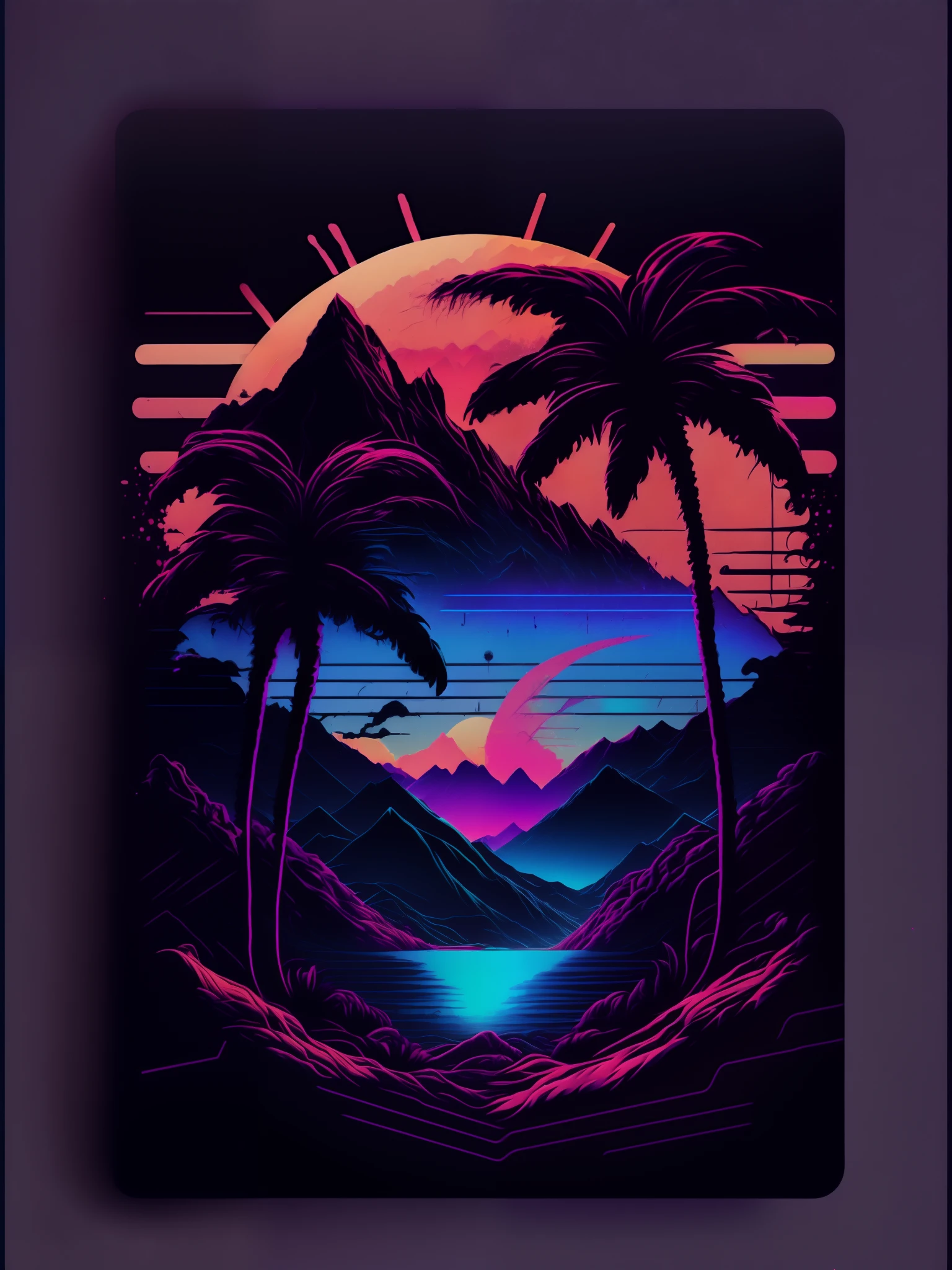 mountains, palm trees and sun, vectorized, synthwave, purple blue red orange, bright neon colors on a dark background,