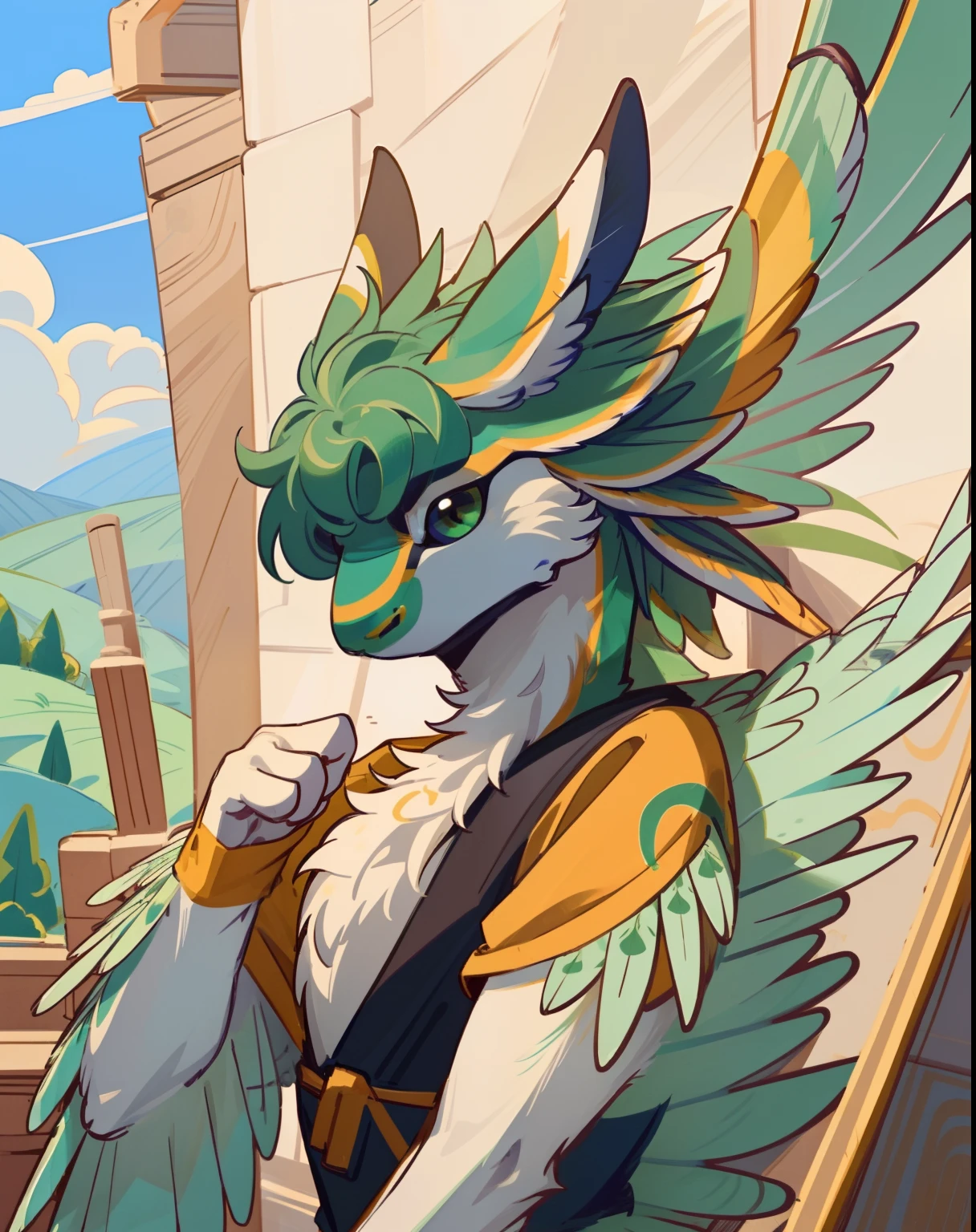 (Highly detailed illustrations:1.2), bestquality, masterpiece, bara, Upper body, approve, Birds, body hair, Detailed plumage, detailed face, detailed eyes, Green feathers, Wing Arm, Fluffy breasts, Feathered chest, furry, anthro, furry art, stand, outdoor