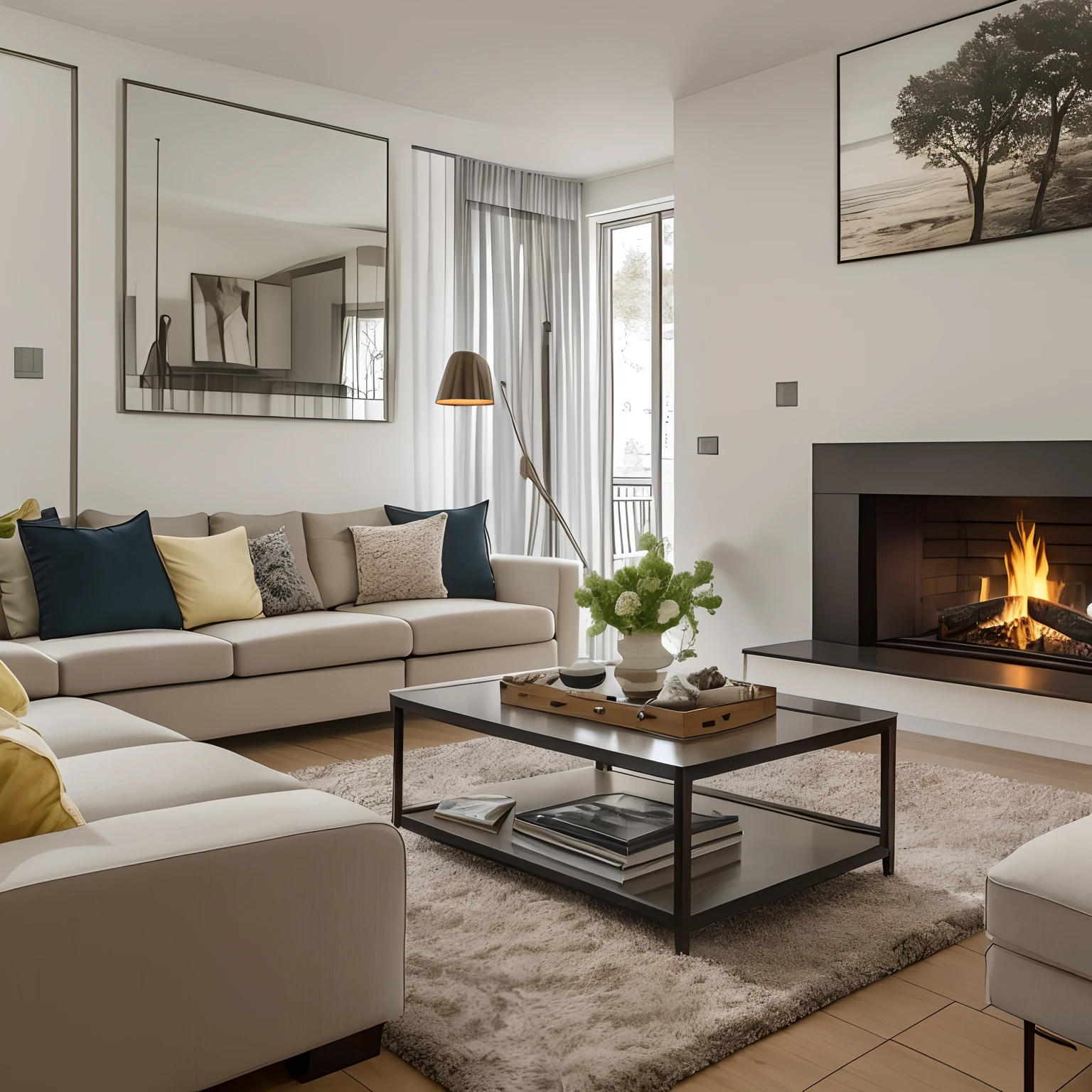 A cozy living room with a fireplace, modern and minimalist style --auto --s2