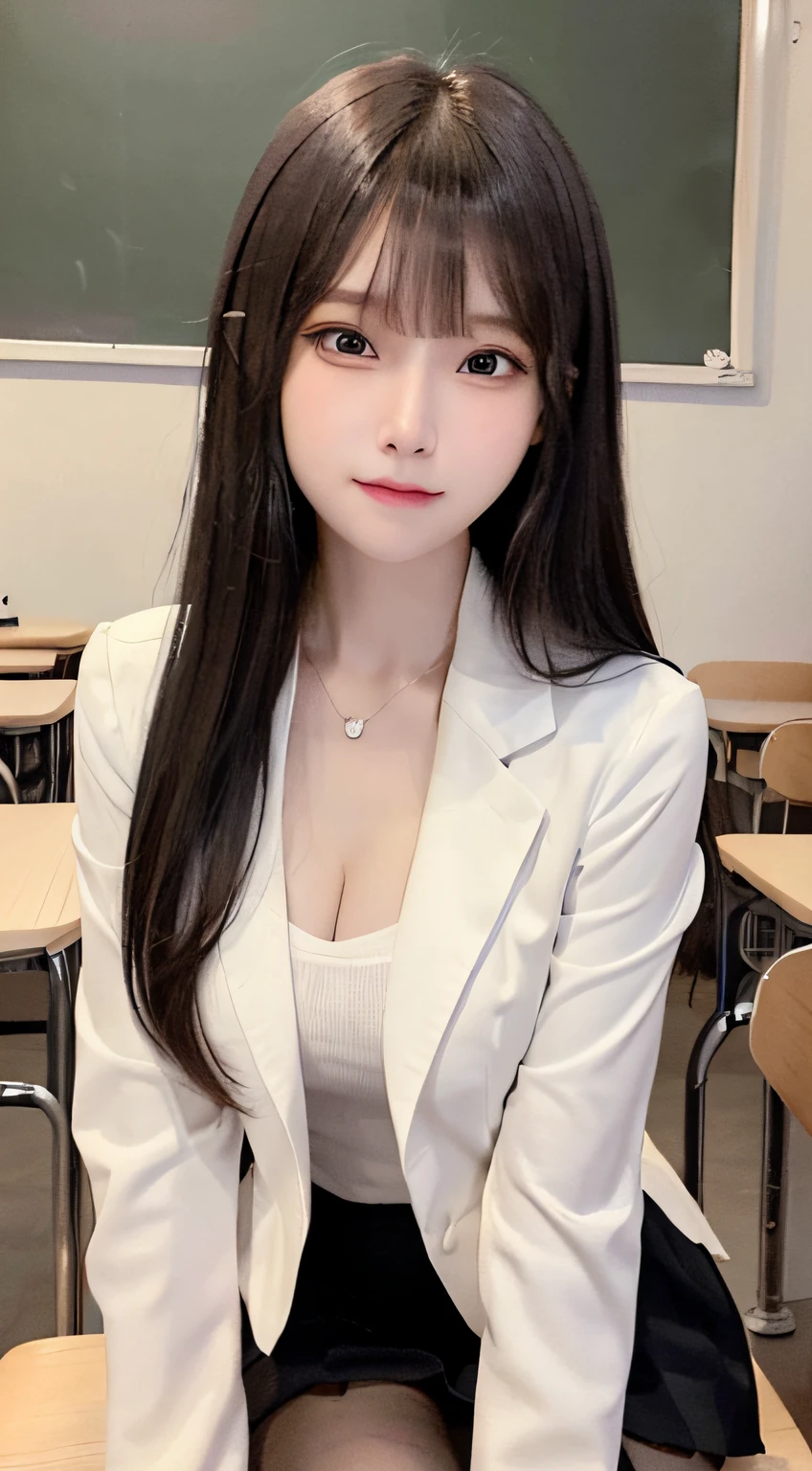 bright expression、photorealisim、top-quality、超A high resolution、a picture、Photos of the most beautiful Nordic girls、Detailed cute and beautiful face、a small face、(pureerosface_v1:0.008)、Beautiful bangs、alice in the wonderland、、(thighs thighs thighs thighs:1.2)、full body Esbian、Glowing white shiny skin、hime_cut、Hair tangled in the face、Bangs that extend to the face、bangss、Hair between the eyes、length hair、Silky hair of attractive black color、finer hair、Bright, clear light blue eyes radiate a charming glow、(School uniform, Blazer:1.2)、(pleatedskirt:1.2)、eye liner、Sitting in a classroom、Double eyelids、ample breasts、Dynamic Pose