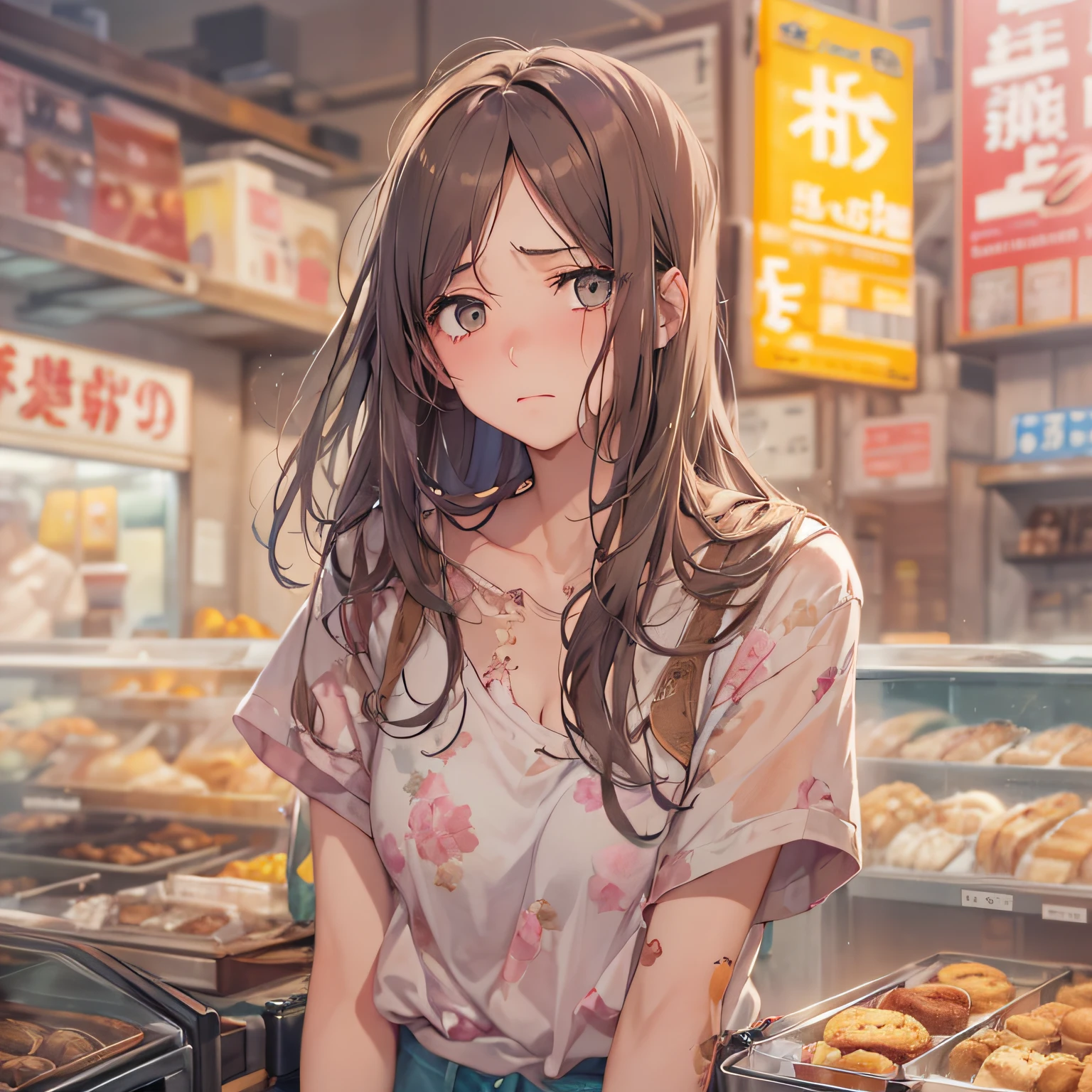 masterpiece、top-quality、(brown colored long hair:1.1)、20-year-old yellow-eyed woman、japanese comic book、Large one-shoulder T-shirt in pink、Clothes are torn to tatters、being thin、(flat chest:1.1)、(Depressed and gloomy look:1.3)、(Staring:1.5)、(Close-up of the subject's face:1.3)、Bakery in the background、Bold composition、Upper body is shown、Alone、