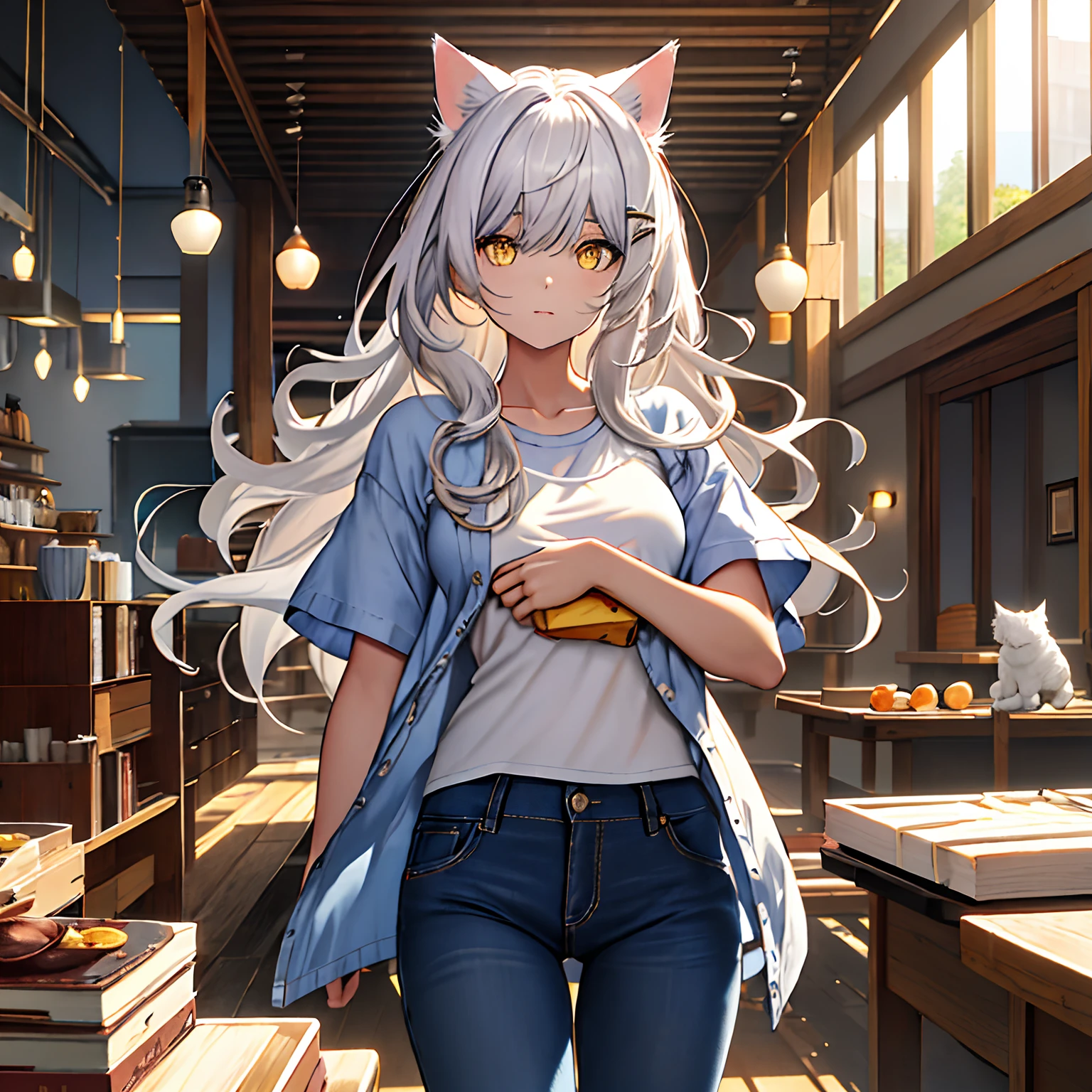 ​masterpiece, top-quality, Hi-Res, SH1, Black Hakawa, white  hair, The long-haired, Cat's ears, Yellow eyes, cat eyes eyes, Blue shirt, white t-shirts, Blue jeans, cowboy  shot, in a house, looking at the viewers, Bewitching look, (1girll:1.3)