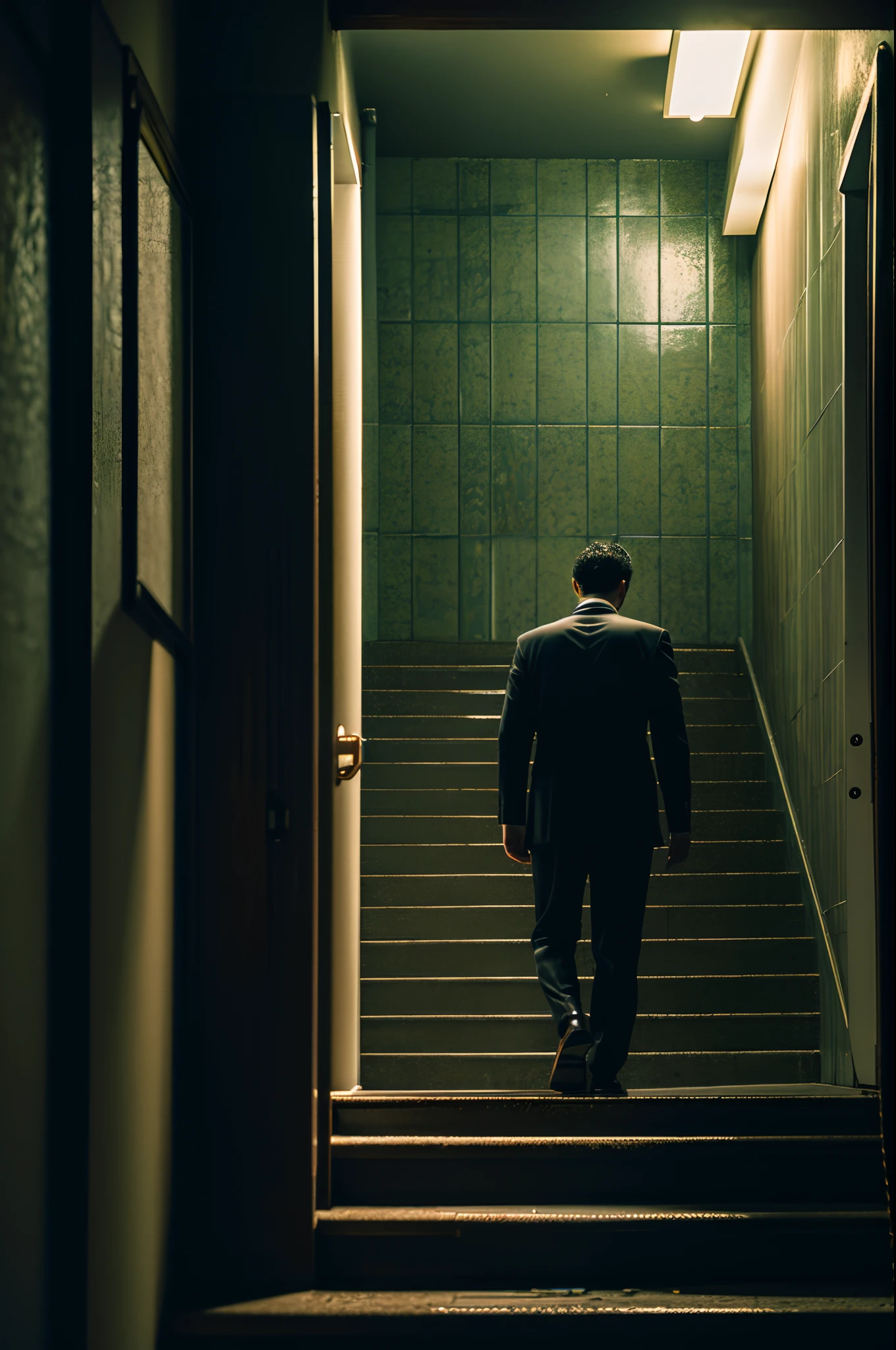 the night,Realistic picture quality, High-resolution quality, A man in a suit and leather shoes walks down the stairs,30 age old, Go up,Climb the stairs apartment building,Staircase background,hyper HD,hyper-high detail,super-fine,super high image quality,A masterpiece