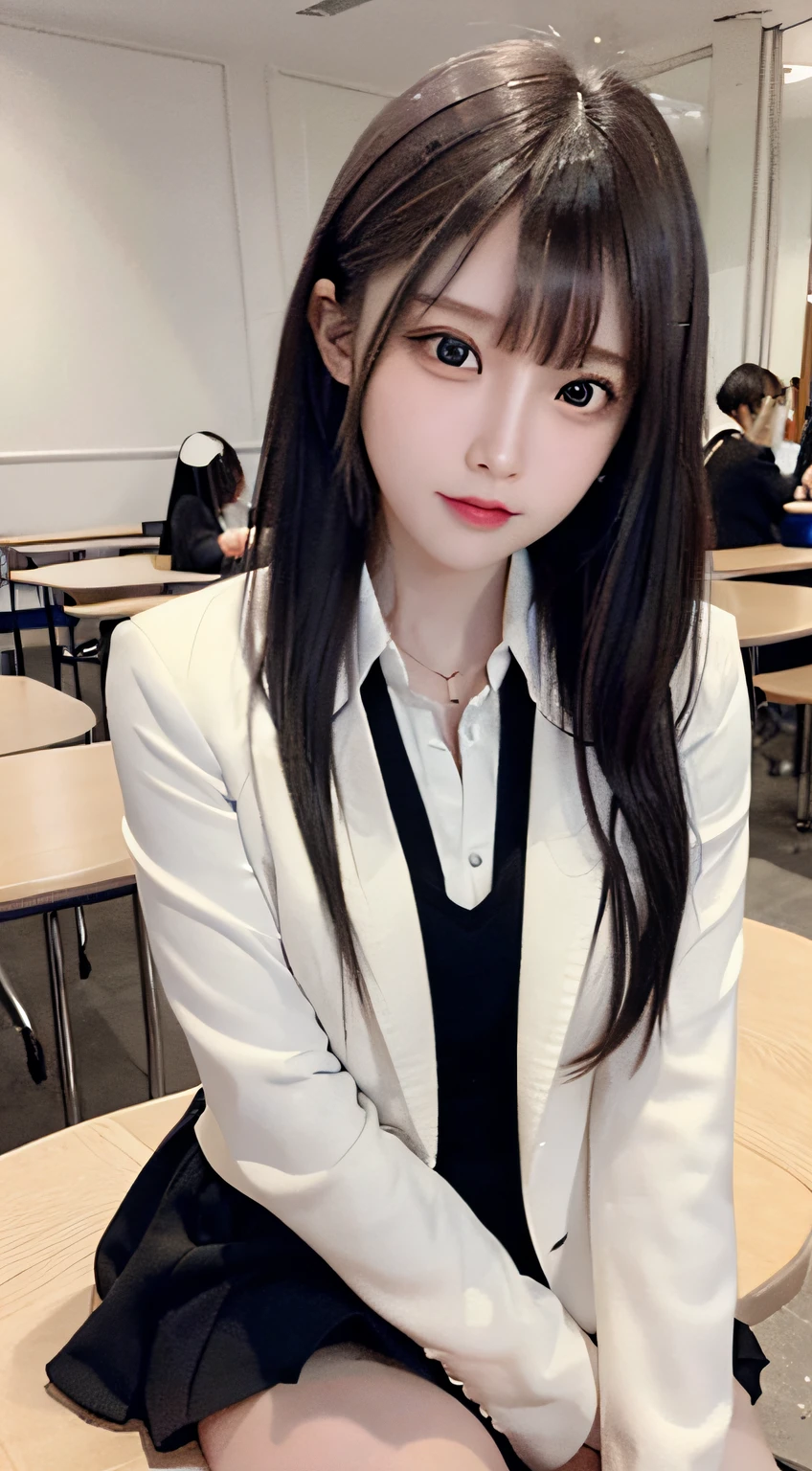 bright expression、photorealisim、top-quality、超A high resolution、a picture、Photos of the most beautiful Nordic girls、Detailed cute and beautiful face、a small face、(pureerosface_v1:0.008)、Beautiful bangs、alice in the wonderland、sixteen years old、(thighs thighs thighs thighs:1.2)、full body Esbian、Glowing white shiny skin、Pixie cut、Hair tangled in the face、Bangs that extend to the face、bangss、Hair between the eyes、Silky hair of attractive black color、finer hair、Bright, Clear light blue eyes shine attractively、(School uniform, Blazer:1.2)、(pleatedskirt:1.2)、eye liner、Sitting in a classroom、Double eyelids、medium breasts、Dynamic Pose