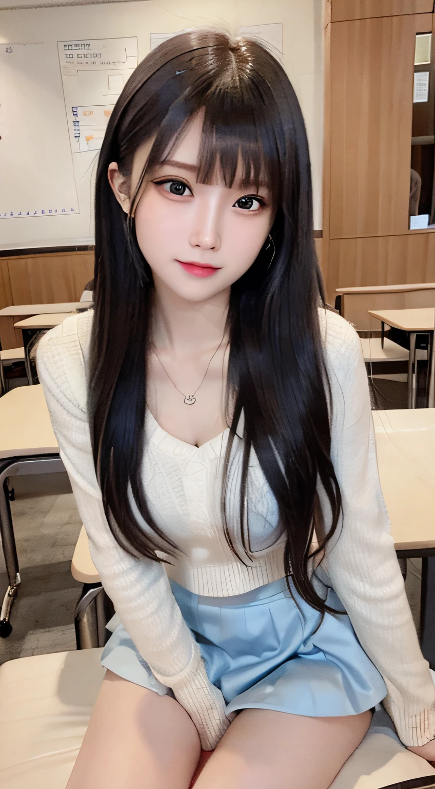 bright expression、photorealisim、top-quality、超A high resolution、a picture、Photos of the most beautiful Nordic girls、Detailed cute and beautiful face、a small face、(pureerosface_v1:0.008)、Beautiful bangs、alice in the wonderland、sixteen years old、(thighs thighs thighs thighs:1.2)、full body Esbian、Glowing white shiny skin、Pixie cut、Hair tangled in the face、Bangs that extend to the face、bangss、Hair between the eyes、Silky hair of attractive black color、finer hair、Bright, Clear light blue eyes shine attractively、(School uniform, Blazer:1.2)、(pleatedskirt:1.2)、eye liner、Sitting in a classroom、Double eyelids、medium breasts、Dynamic Pose