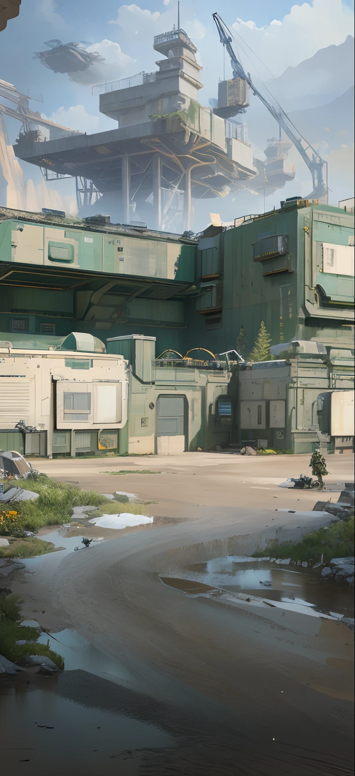 Girl in the garden, Crane in the background, Military outpost, highly detailed concept art, fps game concept art, Ultra detailed concept art, clean concept art, mining outpost, Concept art of Legendary Apex, highly detailed concept art, highly realistic concept art, Ernest Khalimov（Ernest Khalimov）concept-art, Concept art - H 640, military base, (Best quality,4K,8K,A high resolution,Masterpiece:1.2), Ultra-detailed, (Realistic,Photorealistic,photo-realistic:1.37), hdr, hyper HD, Studio lighting, Ultra-fine painting, Sharp focus, Physically-based rendering, Extreme detail description, professional, Vivid colors, Bokeh, sportrait, landscape, Horror, anime, Sci-fi, Photography, Concept artist, Warm color tones, Intense backlight effect.Very clear texture mapping