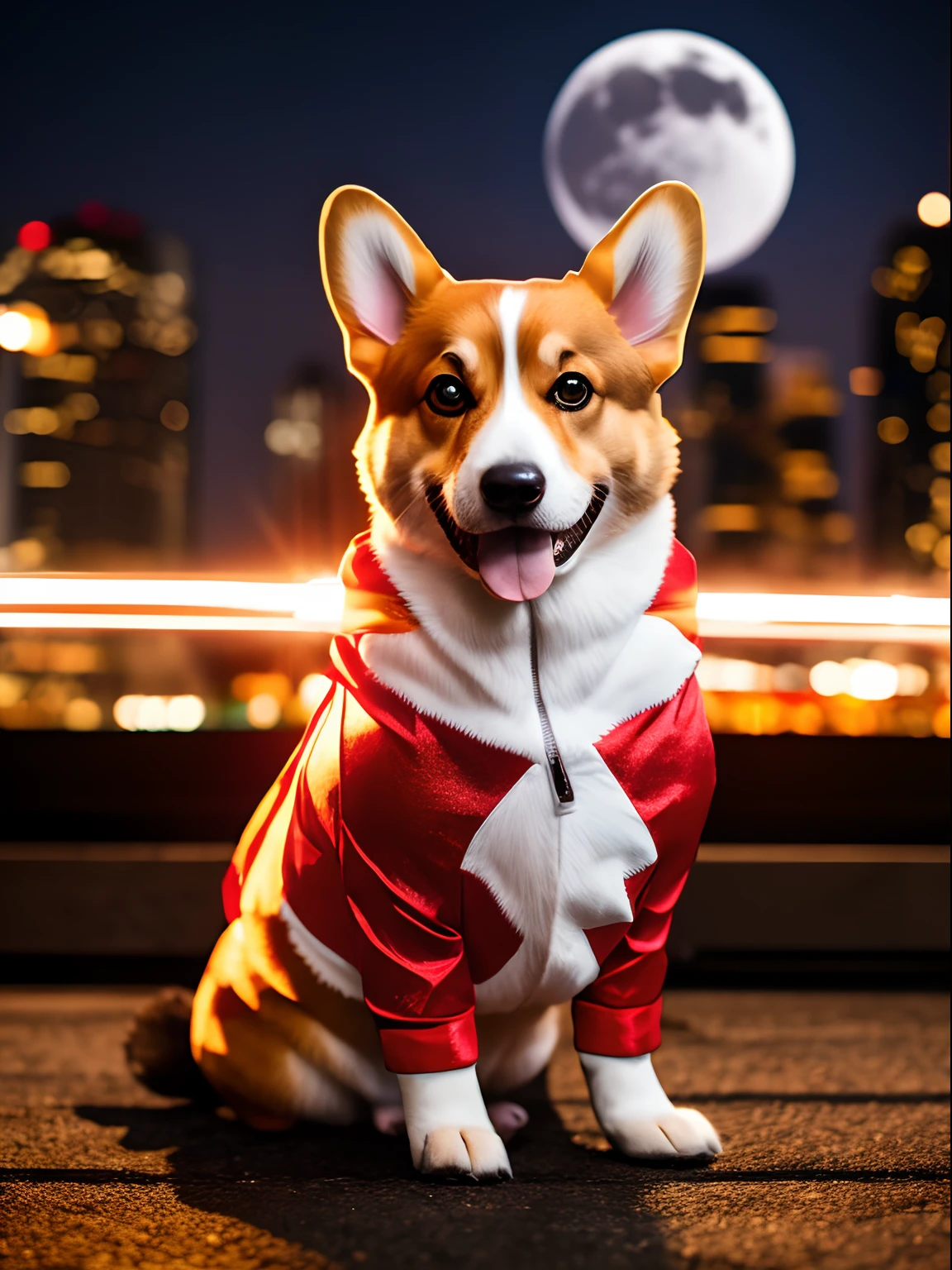 a corgi superdog The flash suit. Stand on the rooftop. , night , red lightning , moon , moon light , diffused lighting