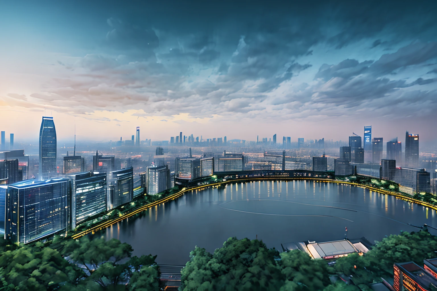 City skyline view with lake and park，Rained，heavy rain，dark cloude，Illustration of Cha Shibiao，shutter inventory，in an art nouveau style，Bombay，Ultra-wide view of the cityscape，Beautiful cityscape，Technopolis background, Hou porcelain, There is a city in the background。Inspired by Makoto Shinkai's sought-after concept art and masterpieces on PixiV、Extremely beautiful reflections，Visionary（wide wide shot）、超高分辨率（realness：1.4）、hyper qualit、Extremely detailed Cg Unity 8K wallpaper、Aesthetics、award winning photography、真实感、high detal、iintricate、The art of travel