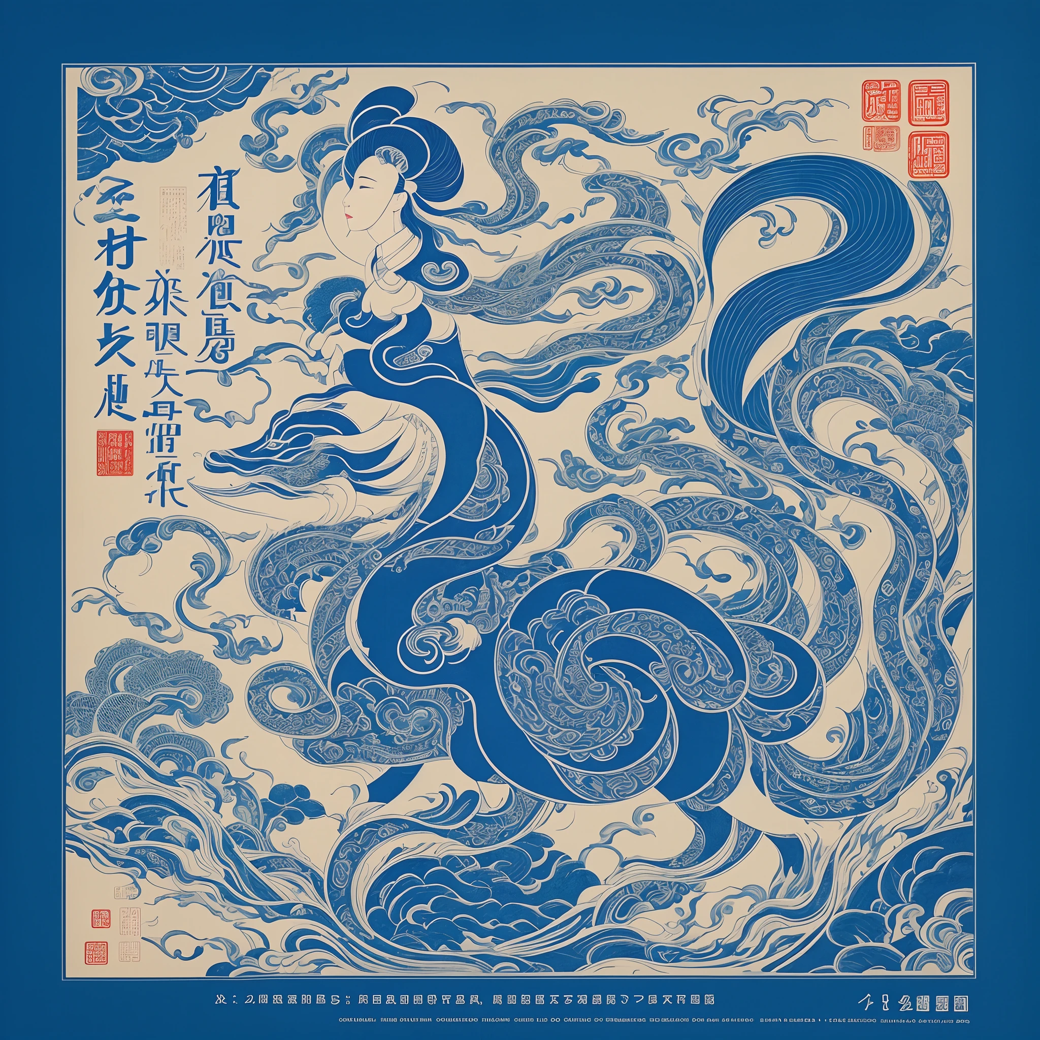 there is a blue book with a white design on it, a silk screen inspired by Xiao Yuncong, behance contest winner, computer art, art cover, overlaid with chinese text, overlaid with chinese adverts, artwork in the style of z.w. gu, dvd screencapture, g liulian art style, detailed cover artwork, chinese fantasy