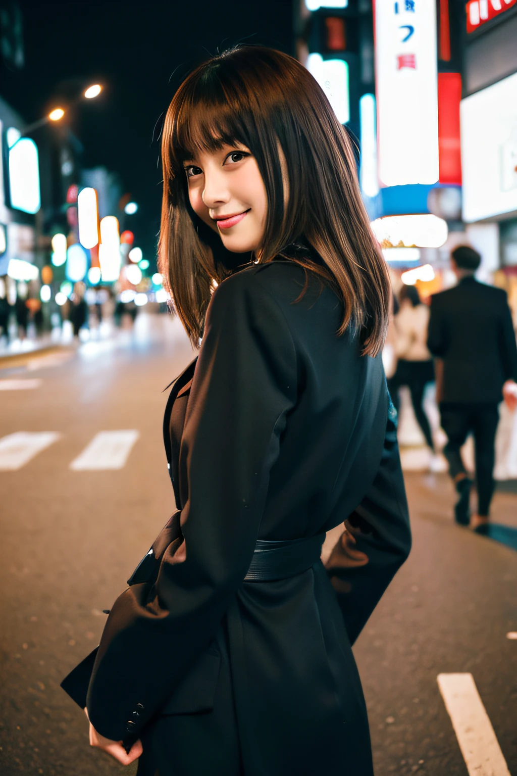 japanes,20yr old,in 8K,Colossal tits,Person in a suit,Looking at the camera,Kamimei,being thin、perfect anatomia、perfect hand、Perfect fingers、Hide your hands behind your back、perfect  eyes、full body Esbian、Brown Hair Medium Hair、A smile、Standing on a street corner in Tokyo at night、autumnal