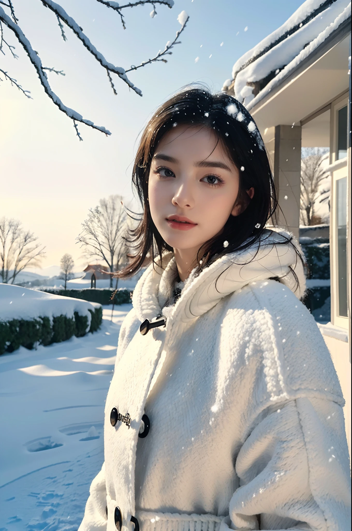 (((8k))),(Extremely meticulous CG) ,(wallpaper),16k,(Extremely refined and beautiful），（Masterpiece:2.0），（best qualtiy:2.0），（Ultra High Resolution:2.0），beautiful light up，Perfect lightning，realistic shaded，[A high resolution],(Smooth and flawless fair skin:1.5),Extremely exquisite facial details,(perfect body：1.1),ultra - detailed,A beautiful girl,small head,((shoulder length straight short black hair:1)),(Small breasts:1.1),Flat chests，slim，thin，Smile，cheerfulness,(white woolen coat:1.5),(standing in a garden covered in snow:1.5),(close-up of face:1.3),from front,winter,day scene,cloudy,(portrait of upper body:1.5),no cap