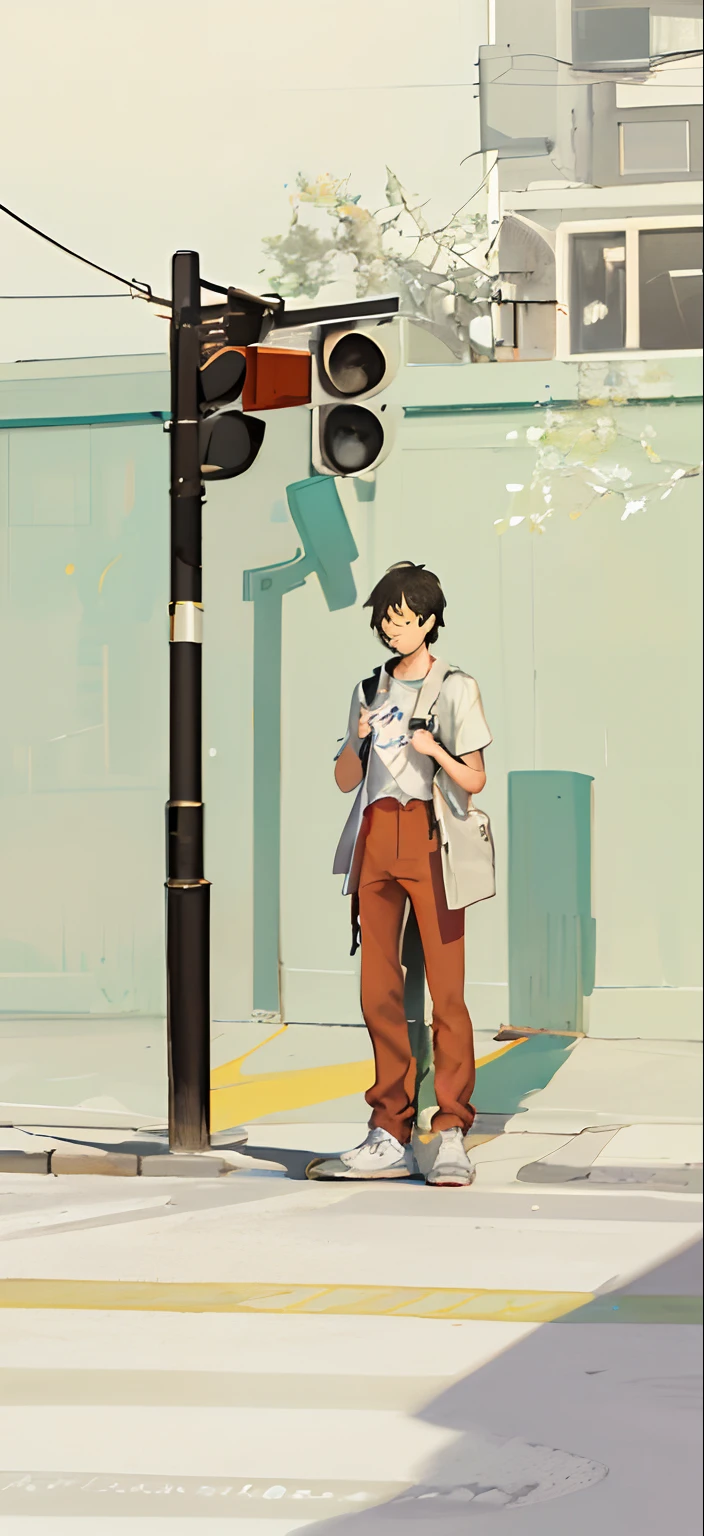8K，High quality！！Detail enhancement！！Highest image quality！！！There is a painting，A man stands on a pedestrian crossing, in a city street, standing on street corner, which stands on the street, urban girl fanart, Have on the street, Have on the street, Digital drawing, drawn with photoshop, which stands on the street, painting illustration, in style of digital illustration, street corner, In the street, in style of digital painting