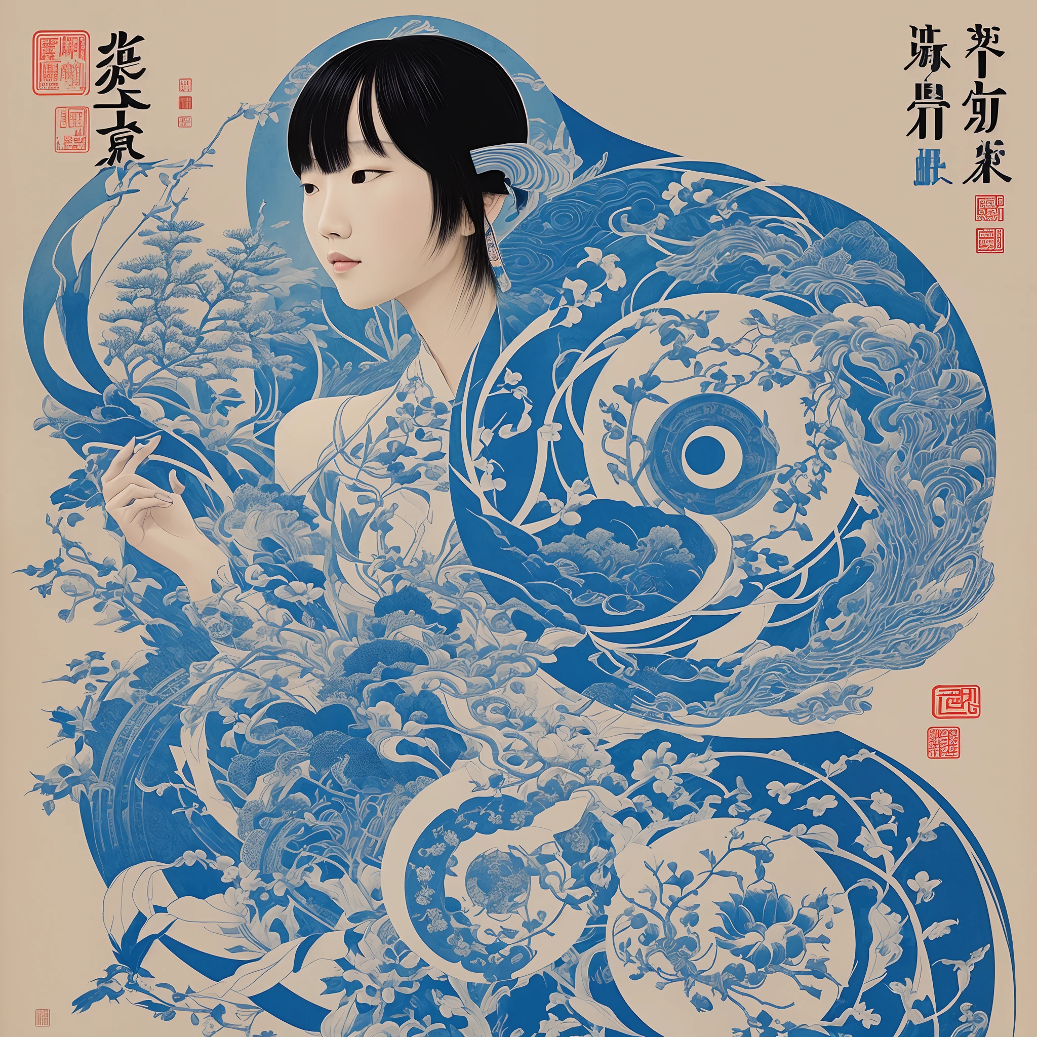 there is a blue book with a white design on it, a silk screen inspired by Xiao Yuncong, behance contest winner, computer art, art cover, overlaid with chinese text, overlaid with chinese adverts, artwork in the style of z.w. gu, dvd screencapture, g liulian art style, detailed cover artwork, chinese fantasy