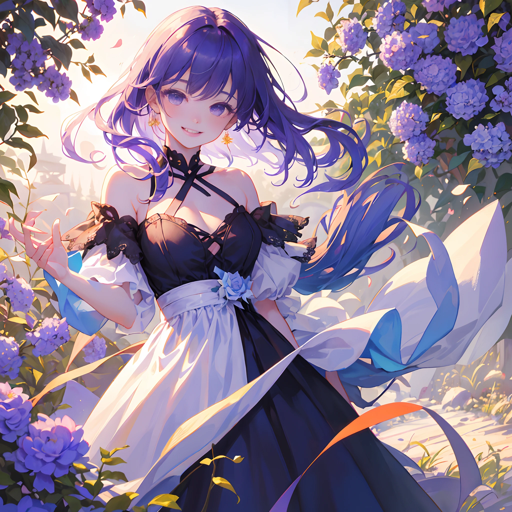 (​masterpiece、top-quality、illustratio、Extremely high quality、high-level image quality、Extremely sensitive writing)Girl with purple hair short bob standing in beautiful garden of Shion、a smile、A bouquet of Shion flowers in hand、A cute dress with protruding shoulders、Hair fluttering in the wind