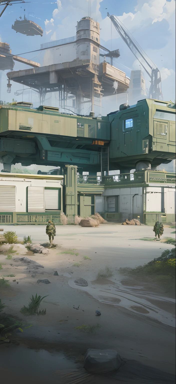 Girl in the garden, Crane in the background, Military outpost, highly detailed concept art, fps game concept art, Ultra detailed concept art, clean concept art, mining outpost, Concept art of Legendary Apex, highly detailed concept art, highly realistic concept art, Ernest Khalimov（Ernest Khalimov）concept-art, Concept art - H 640, military base, (Best quality,4K,8K,A high resolution,Masterpiece:1.2), Ultra-detailed, (Realistic,Photorealistic,photo-realistic:1.37), hdr, hyper HD, Studio lighting, Ultra-fine painting, Sharp focus, Physically-based rendering, Extreme detail description, professional, Vivid colors, Bokeh, sportrait, landscape, Horror, anime, Sci-fi, Photography, Concept artist, Warm color tones, Intense backlight effect.Very sharp texture mapping
