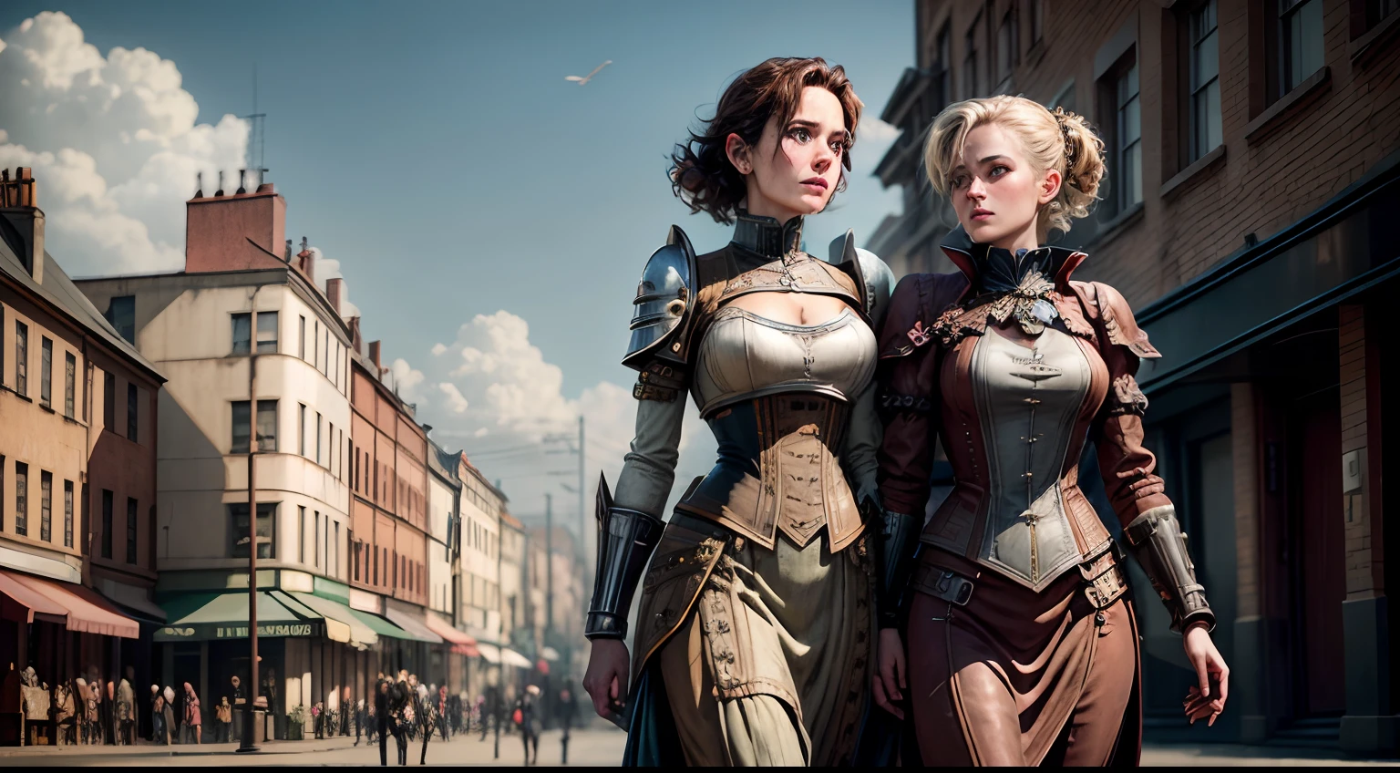 There are two robots on the street, in a detailed steampunk dress, Cinematic style photography, two womans, inspired by Jean Tabaud, three women, Terminal, Fish-Men, Cinematography 2008, Ian McCaig, Humanized, 5 0 0 px models, Advertising photography, 1 Photograph of the 9th century