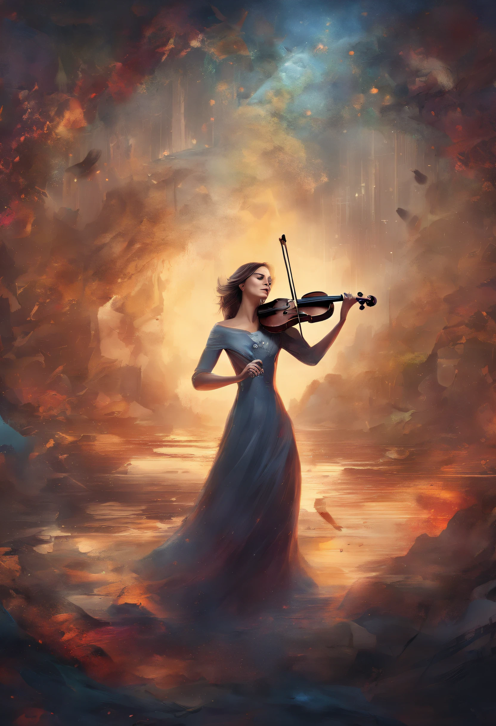 A single female violinist playing the most incredible piece of music known to mankind. Love and peace is flowing out of her violin, causing the beginning of world peace