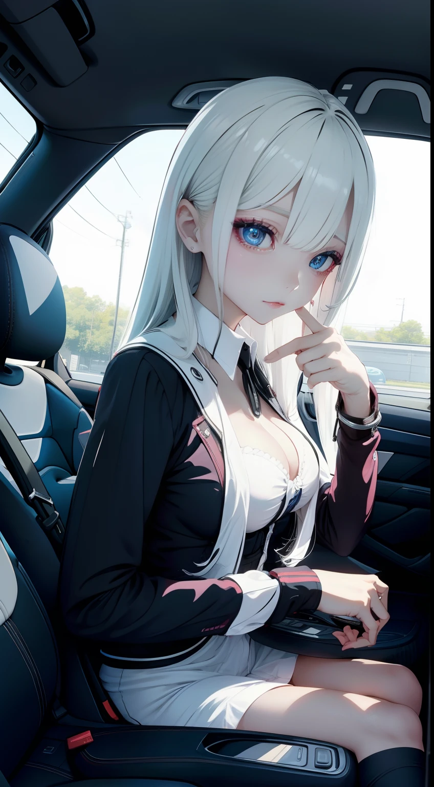 "inside of a car, Beautiful woman, a captivating gaze, fascinated expression, mesmerizing eyes, Sexual temptation."