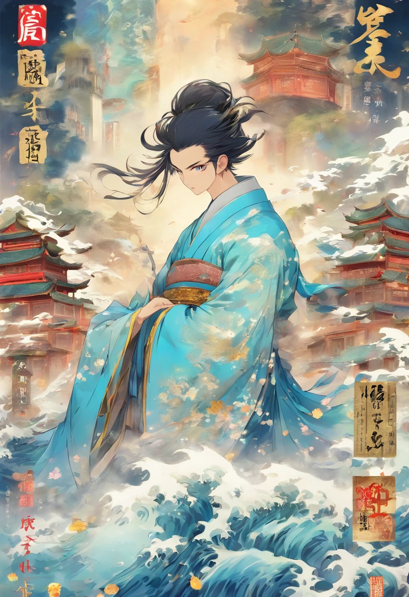 there is a blue book with a white design on it, inspired by Xiao Yuncong, art cover, overlaid with chinese text, overlaid with chinese adverts, inspired by Gao Fenghan, inspired by Cao Buxing, inspired by Guo Chun, artwork in the style of z.w. gu, inspired by Guan Daosheng, by Shitao