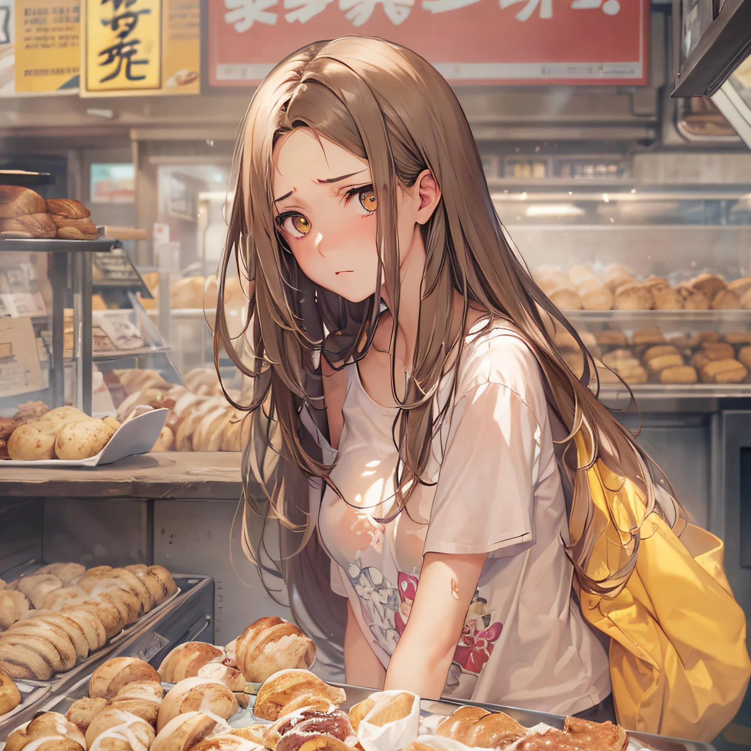**masterpiece、top-quality、(brown colored long hair:1.1)、20-year-old yellow-eyed woman、japanese comic book、Large one-shoulder T-shirt in pink、Clothes are torn to tatters、being thin、(flat breast:1.1)、(Depressed and gloomy look:1.3)、(Staring:1.5)、(Close-up of the subject's face:1.3)、Bakery in the background、Bold composition、Upper body is shown、Alone、**