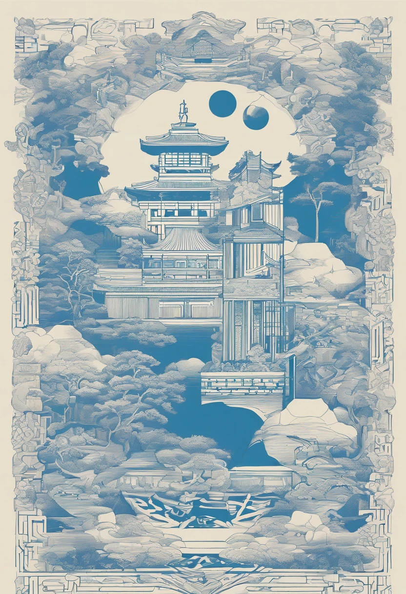there is a blue book with a white design on it, inspired by Xiao Yuncong, art cover, overlaid with chinese text, overlaid with chinese adverts, inspired by Gao Fenghan, inspired by Cao Buxing, inspired by Guo Chun, artwork in the style of z.w. gu, inspired by Guan Daosheng, by Shitao