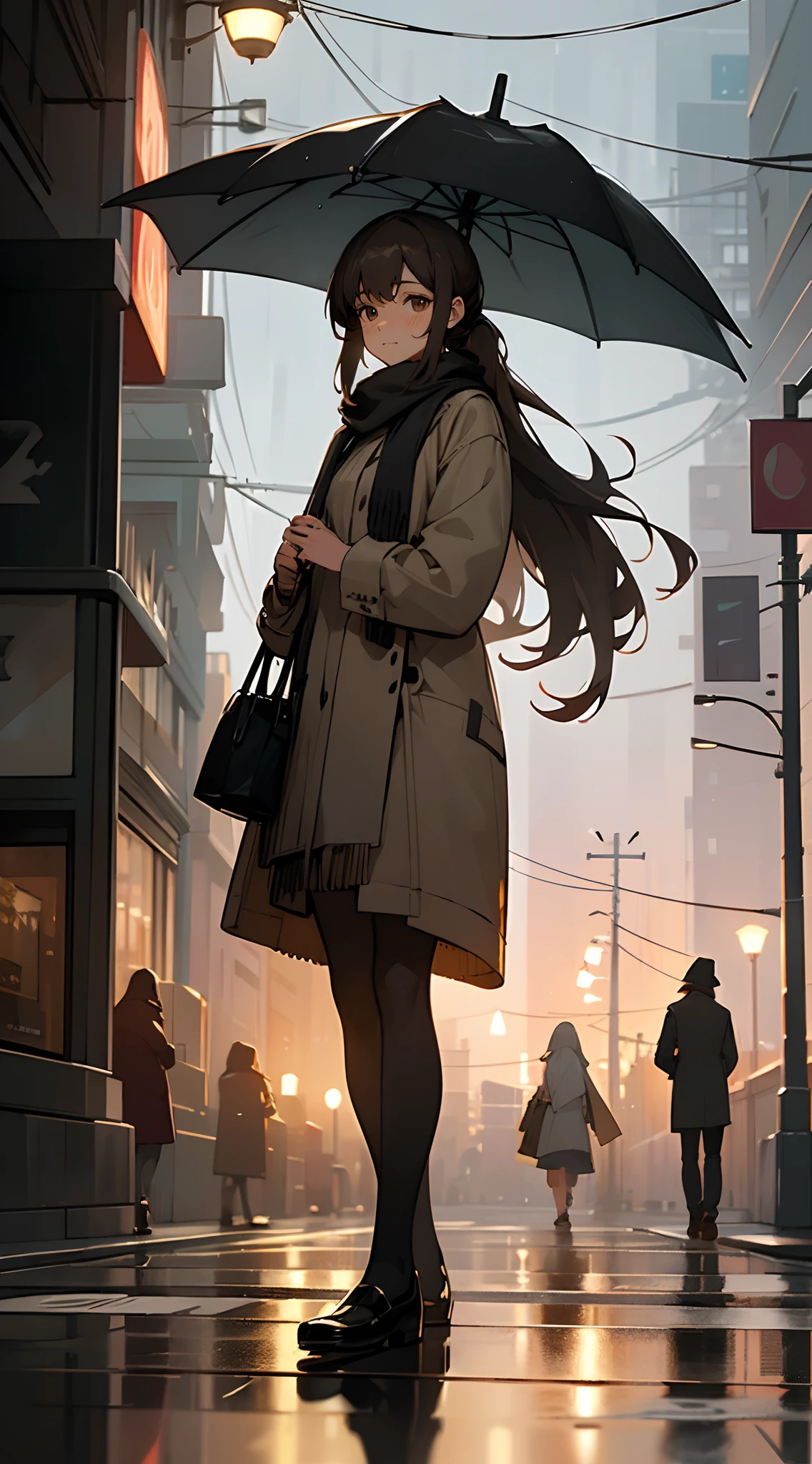 A beautiful mature woman , dark brown hair , extremely long hair , hair in a ponytail , brown eyes , age 36,
She wears a loose, knit sweater in a soft shade of heather gray , relaxed-fit, dark-wash jeans, scarf in earthy tones,
(masterpiece, best quality:1.3),beautiful detailed glow,best illuminate,(((best quality,textile shading,ultra detailed))),extremely detailed CG unity 8k wallpaper,Highly Detailed beautiful and aesthetic,best light,high resolution,detailed,dynamic lighting , 1Character , pastel washed out colors , cell shade , soft, muted shades ,gentle colors ,
, rain cascades through the cityscape, creating a shimmering curtain of vertical lines. Neon lights from the buildings and street lamps cast colorful glows into the night. Umbrellas of various shapes and colors dot the frame, held by anonymous figures beneath.
The streets are glossy with rain, reflecting the surrounding cityscape like a polished mirror. Pedestrians walk briskly, partially shielded by their umbrellas, while others are captured mid-stride. A couple of figures wait at a crosswalk, and the soft glow of a nearby café's sign adds a warm touch to the scene.
The streets are populated by a variety of vehicles. Car headlights and taillights leave streaks of light as they move through the intersection. A solitary bicycle is propped against a lamppost, hinting at the possibility of a cyclist seeking shelter from the rain.
Steam rises from a coffee cup on a cafe table, and the window's interior shows a cozy, inviting setting.