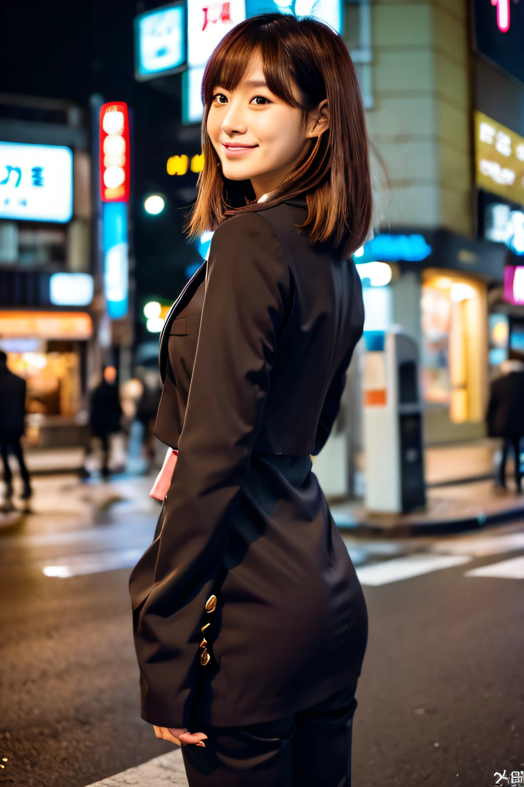 japanes,20yr old,in 8K,Colossal tits,Person in a suit,Looking at the camera,Kamimei,being thin、perfect anatomia、perfect hand、Perfect fingers、Hide your hands behind your back、perfect eyes、full body Esbian、Brown Hair Medium Hair、A smile、Standing on a street corner in Tokyo at night、autumnal
