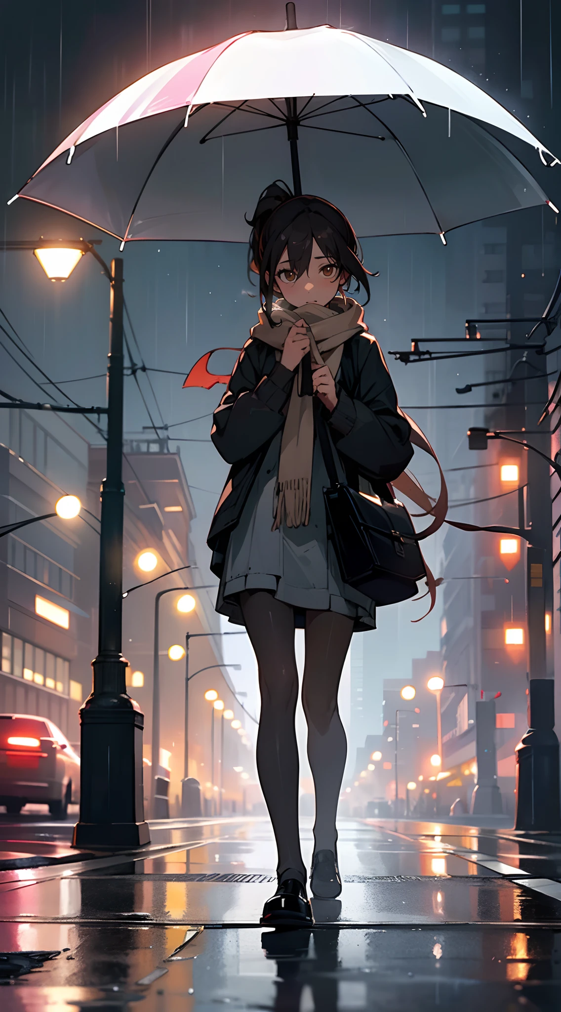 A beautiful mature woman , dark brown hair , extremely long hair , hair in a ponytail , brown eyes , age 36,
She wears a loose, knit sweater in a soft shade of heather gray , relaxed-fit, dark-wash jeans, scarf in earthy tones,
(masterpiece, best quality:1.3),beautiful detailed glow,best illuminate,(((best quality,textile shading,ultra detailed))),extremely detailed CG unity 8k wallpaper,Highly Detailed beautiful and aesthetic,best light,high resolution,detailed,dynamic lighting , 1Character , pastel washed out colors , cell shade , soft, muted shades ,gentle colors ,
, rain cascades through the cityscape, creating a shimmering curtain of vertical lines. Neon lights from the buildings and street lamps cast colorful glows into the night. Umbrellas of various shapes and colors dot the frame, held by anonymous figures beneath.
The streets are glossy with rain, reflecting the surrounding cityscape like a polished mirror. Pedestrians walk briskly, partially shielded by their umbrellas, while others are captured mid-stride. A couple of figures wait at a crosswalk, and the soft glow of a nearby café's sign adds a warm touch to the scene.
The streets are populated by a variety of vehicles. Car headlights and taillights leave streaks of light as they move through the intersection. A solitary bicycle is propped against a lamppost, hinting at the possibility of a cyclist seeking shelter from the rain.
Steam rises from a coffee cup on a cafe table, and the window's interior shows a cozy, inviting setting.