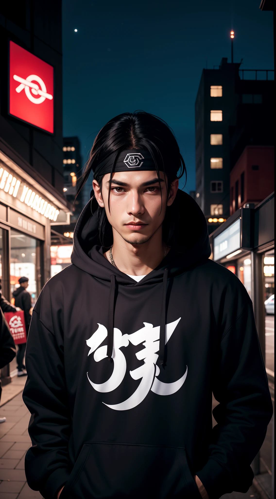 masterpiece, ultra-detailed, 1boy, male focus, upper body shot, Hashirama wearing maroon Streetwear Hoodie, long black hair, white headband, look at viewer, Serious face, vibrant colors, cityscape background, dinamic lighting, highly detailed face, stylish, urban style, cool attitude, bokeh, blurry background,
