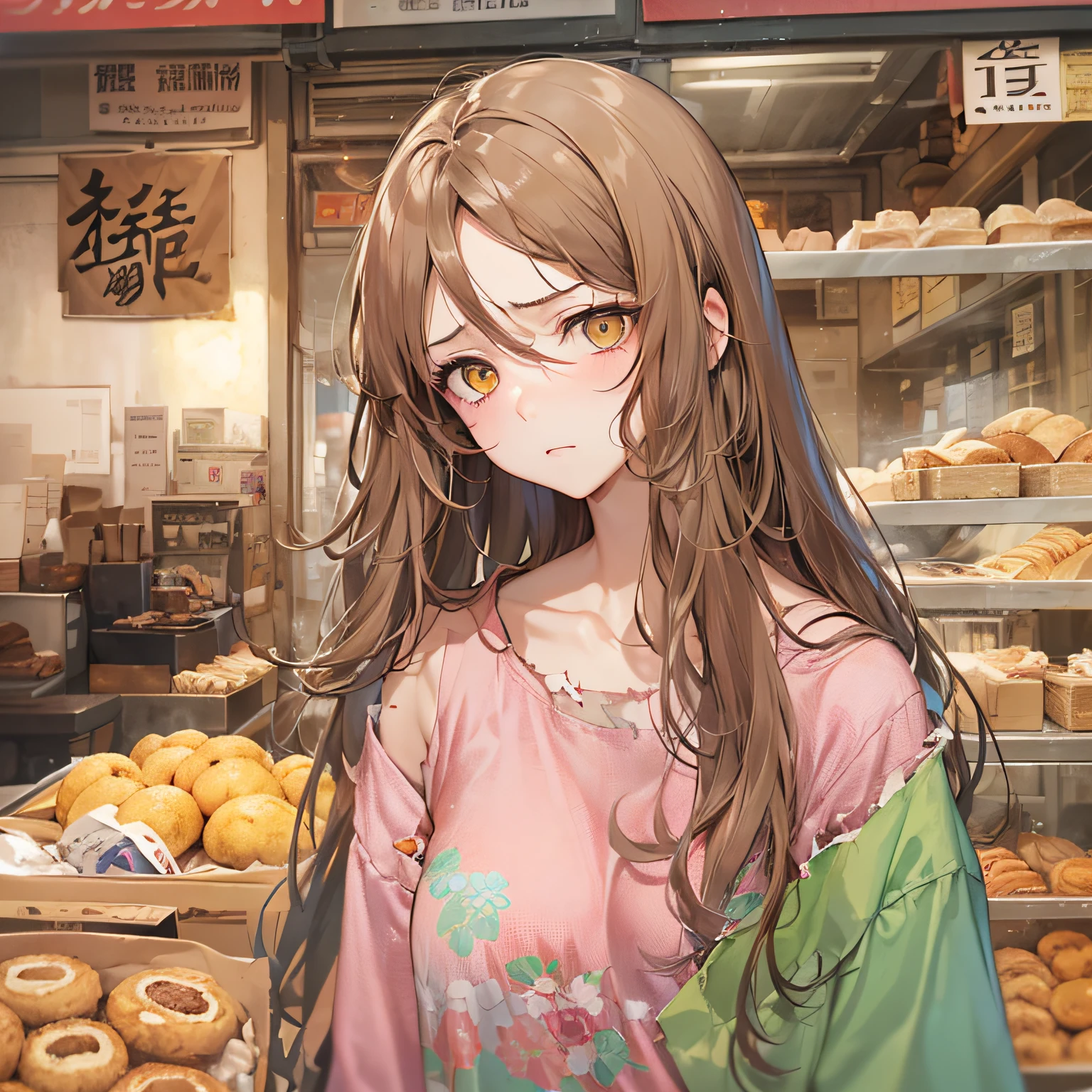 ​masterpiece、top-quality、(brown colored long hair:1.1)、20-year-old yellow-eyed woman、japanese comic book、Large one-shoulder T-shirt in pink、Clothes are torn to tatters、being thin、(flat breast:1.1)、(Depressed and gloomy look:1.3)、(Staring:1.5)、(Close-up of the subject's face:1.3)、Bakery in the background、Bold composition、Upper body is shown、Alone、
