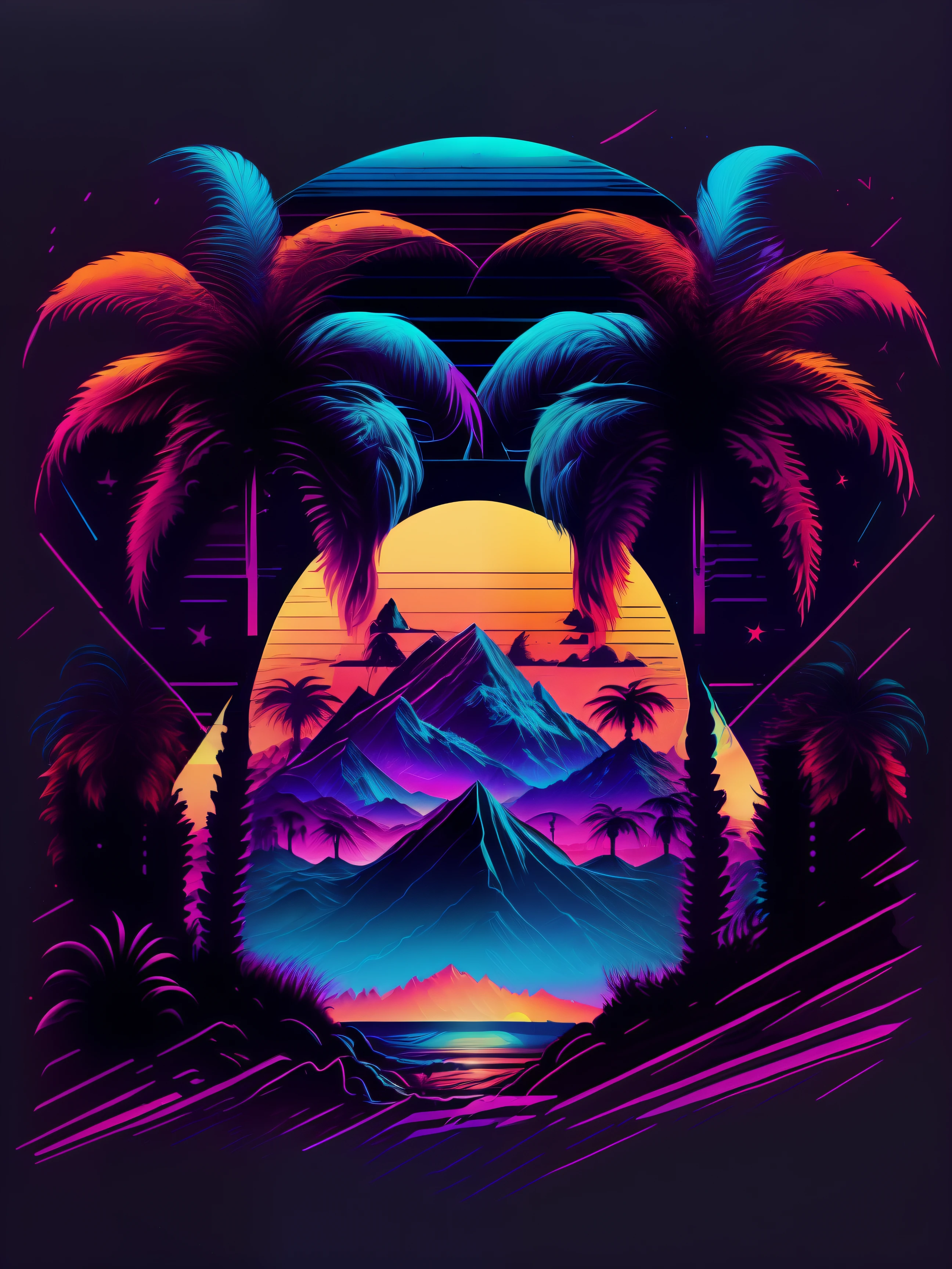 mountains, palm trees and sun, vectorized, synthwave, purple blue red orange, bright neon colors on a dark background,