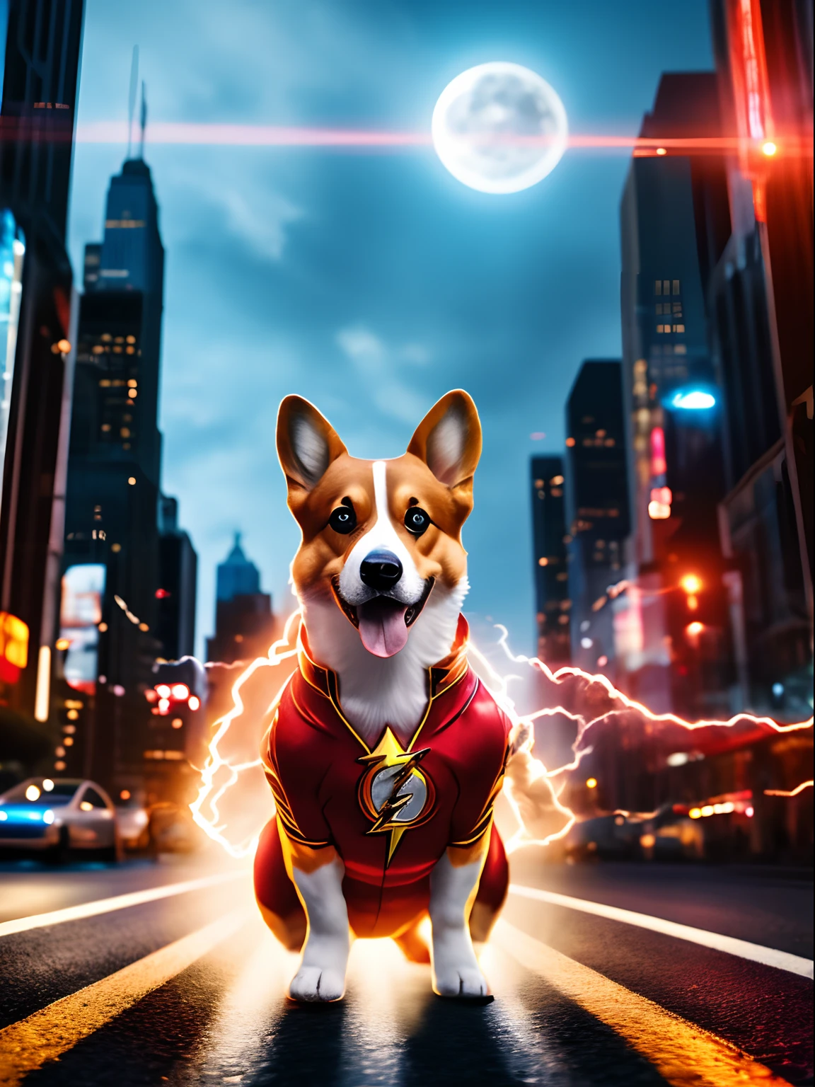 a corgi superdog The flash suit. speed force, Standing on the streets of big cities , night , red lightning , moon , moon light , diffused lighting , red tunder,