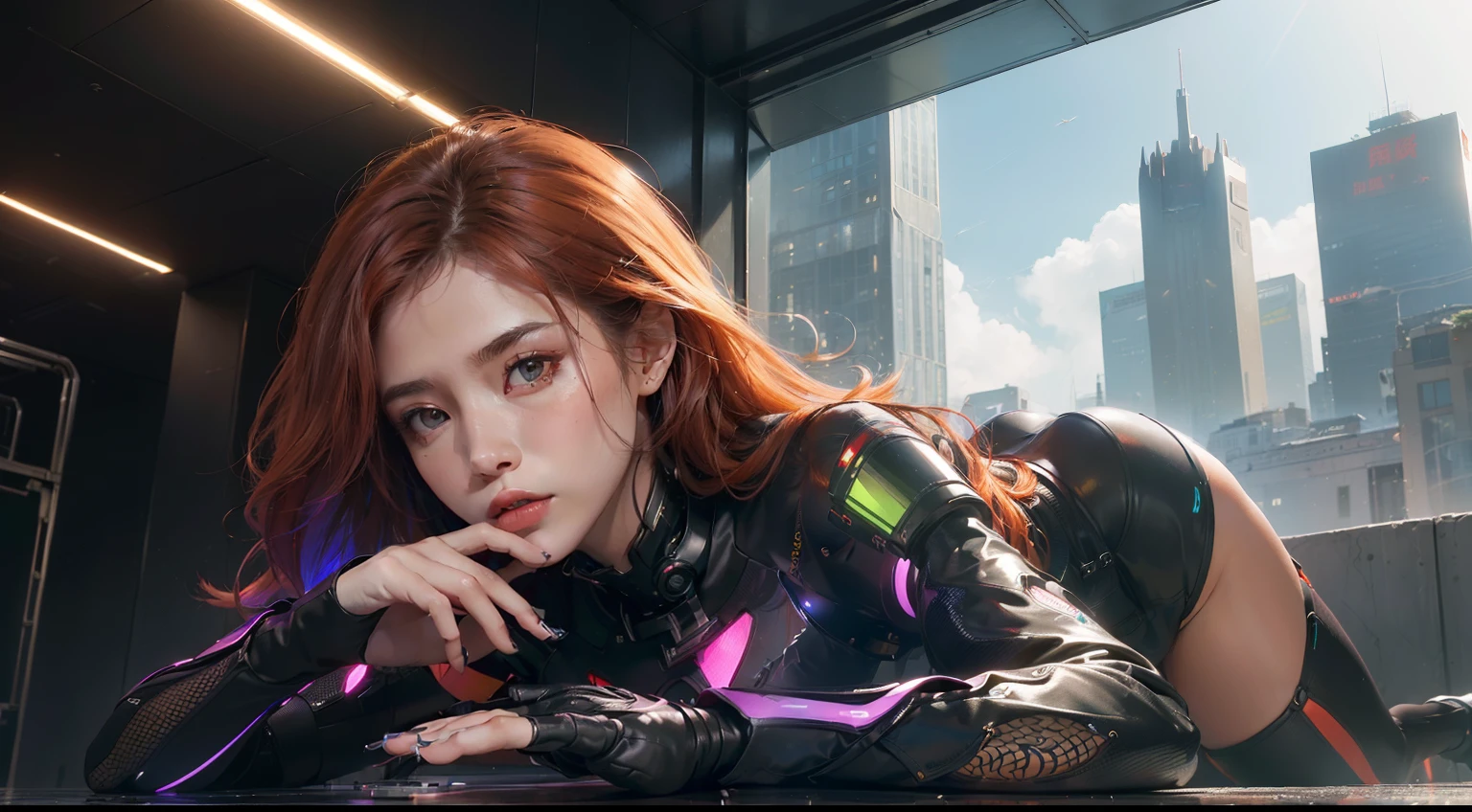 (realisitic,Photorealsitic:1.4),(1 beauty:1.3),(美丽的面容:1.5),Detailed shiny skin,A detailed eye,Precise hands and fingers,8K HDR, , ​masterpiece, (Dynamic Angle Video),电影灯光, Finely drawn backgrounds,accurate fingers,(Futuristic cities,A large number of high-tech machines,SF Building,Multicolored lighting,Sci-Fi attire,PerspectivePerspective:1.3),Beautiful African,Teens Fashion,dark orange hair,耳环,Prague,On top of the tower,yoga pose,Composition seen from the buttocks